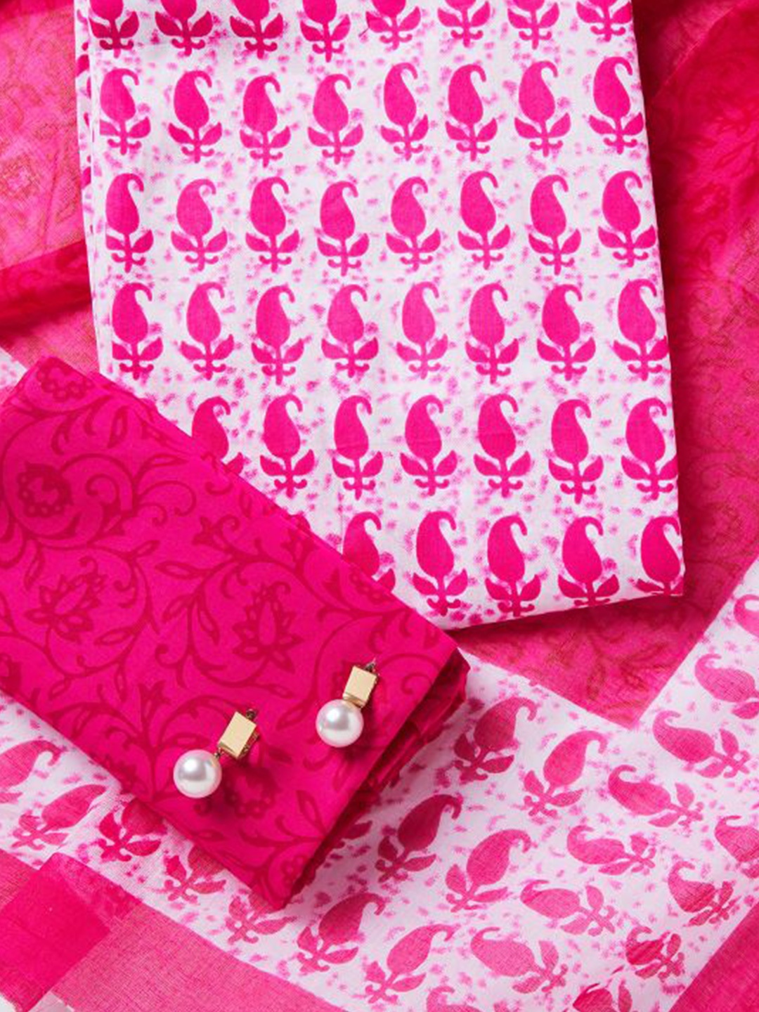 

SALWAR STUDIO Ethnic Motifs Printed Pure Cotton Unstitched Dress Material, Pink