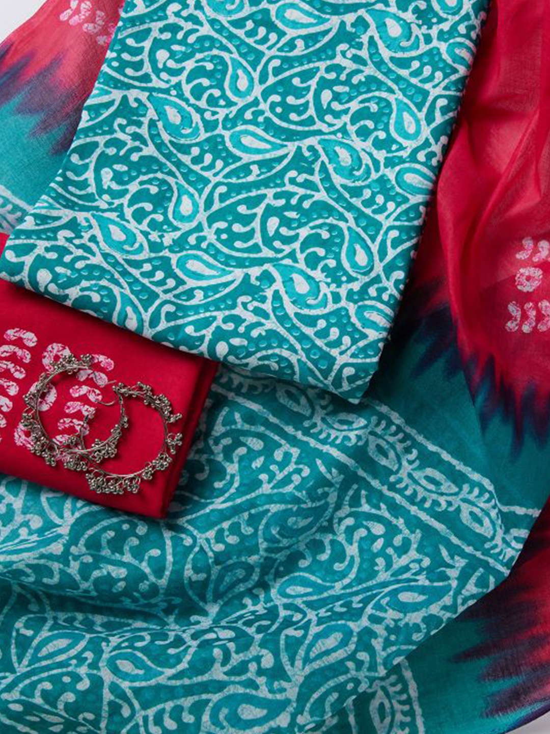 

SALWAR STUDIO Ethnic Motifs Printed Pure Cotton Unstitched Dress Material, Teal