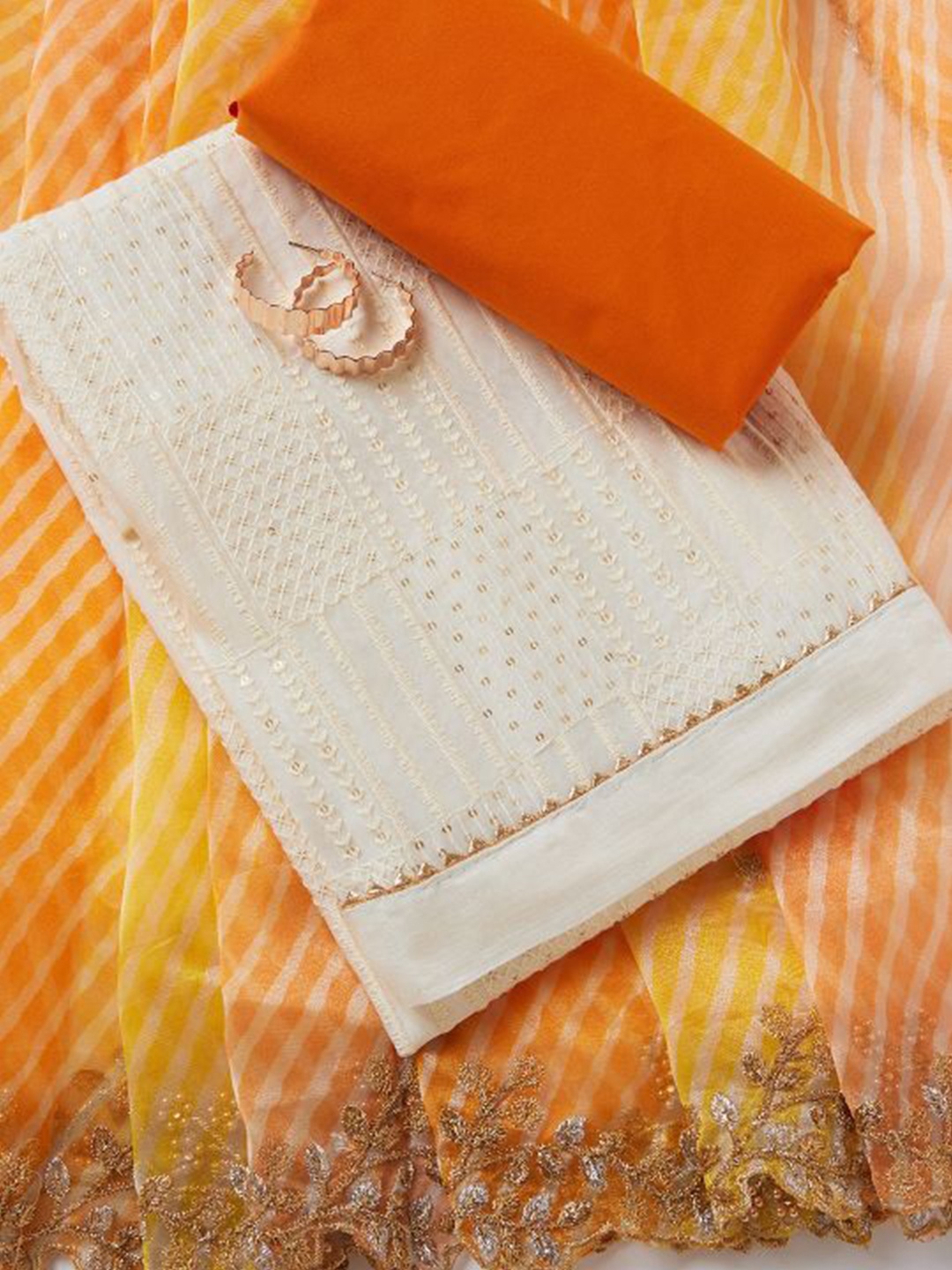

SALWAR STUDIO Striped Sequinned Pure Cotton Unstitched Dress Material, Orange