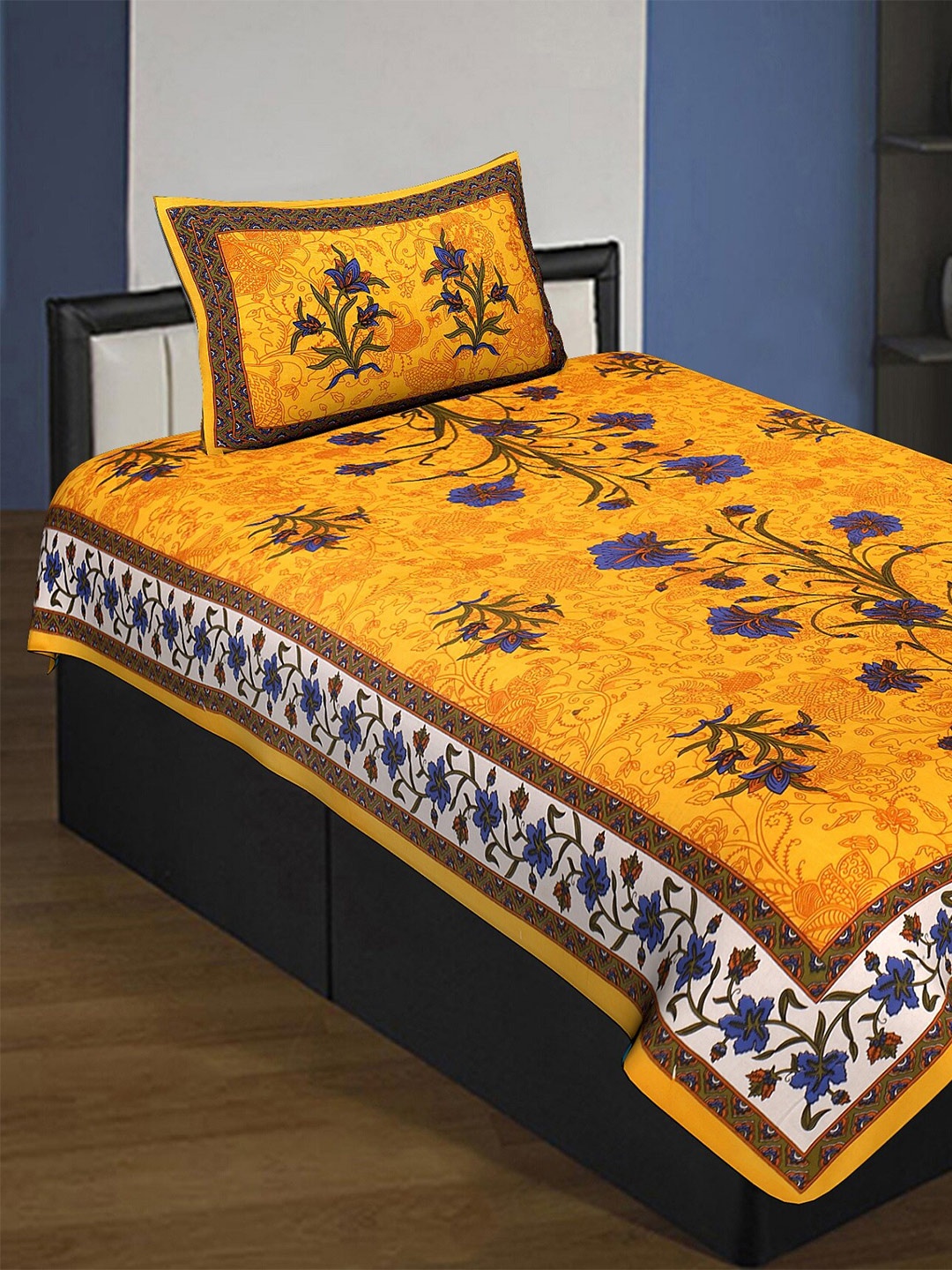 

Rajasthanikart Yellow & Blue Floral Cotton 120 TC Single Bedsheet With 1 Pillow Cover