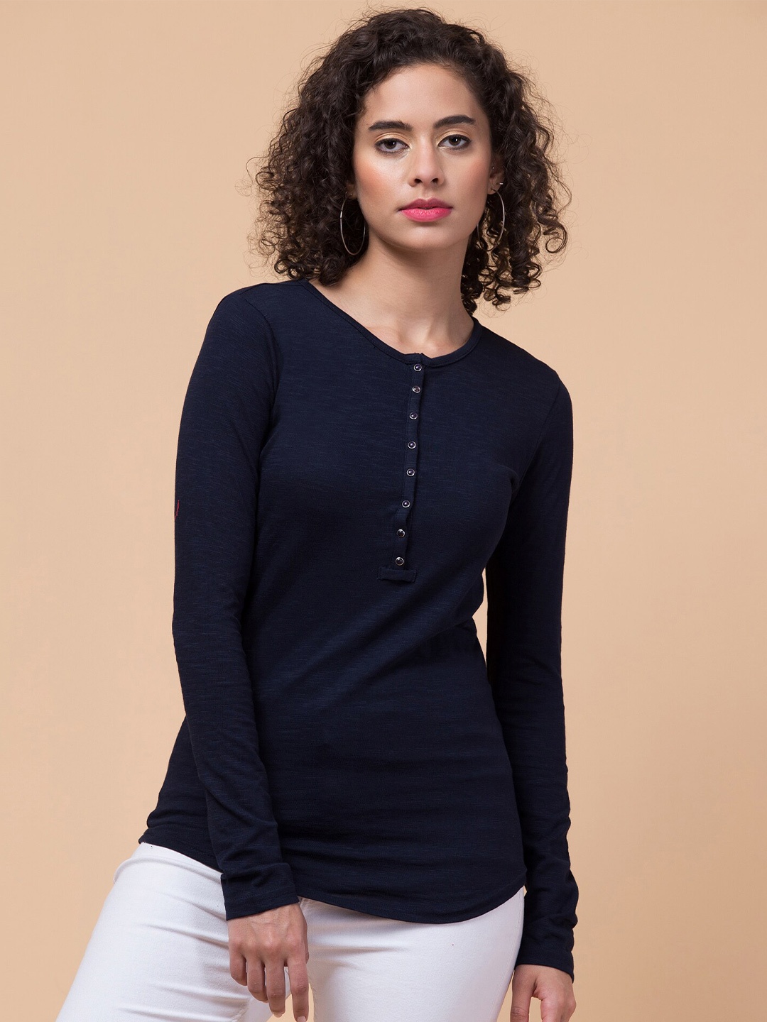 

Hive91 Relaxed Fit Round Neck Long Sleeve Cotton T-shirt, Navy blue