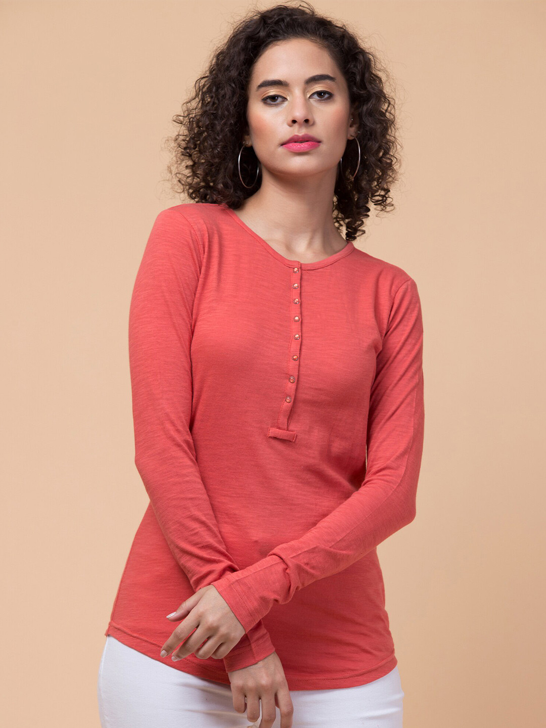 

Hive91 Relaxed Fit Round Neck Long Sleeve Cotton T-shirt, Rust