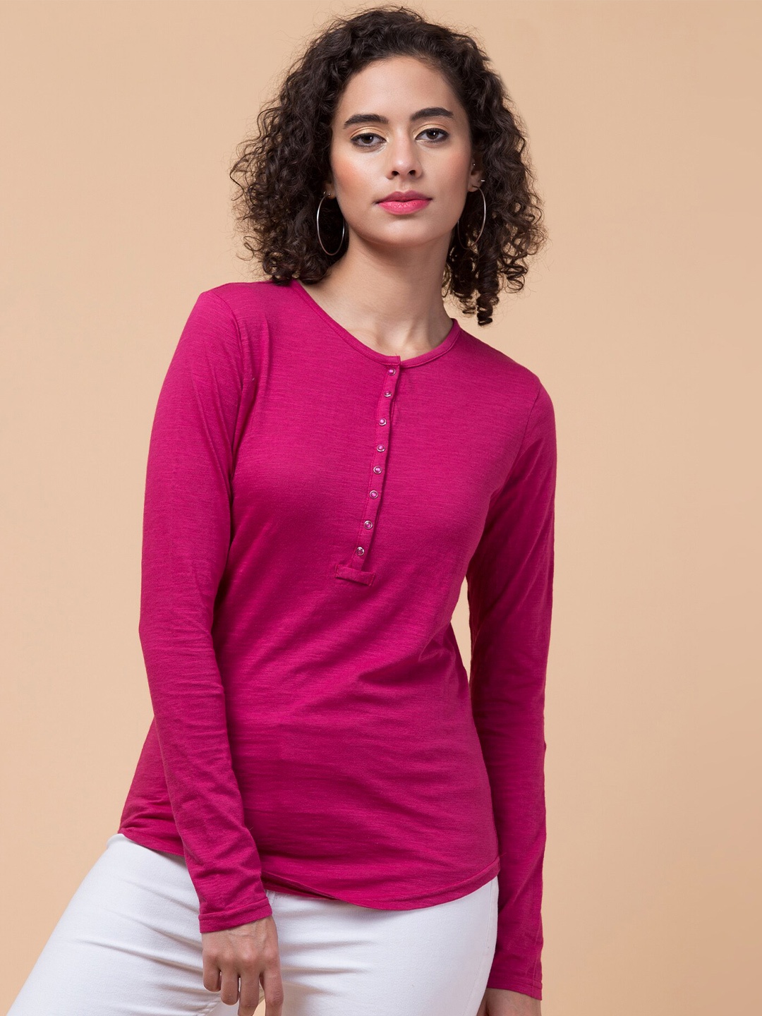 

Hive91 Relaxed Fit Round Neck Long Sleeve Cotton T-shirt, Pink