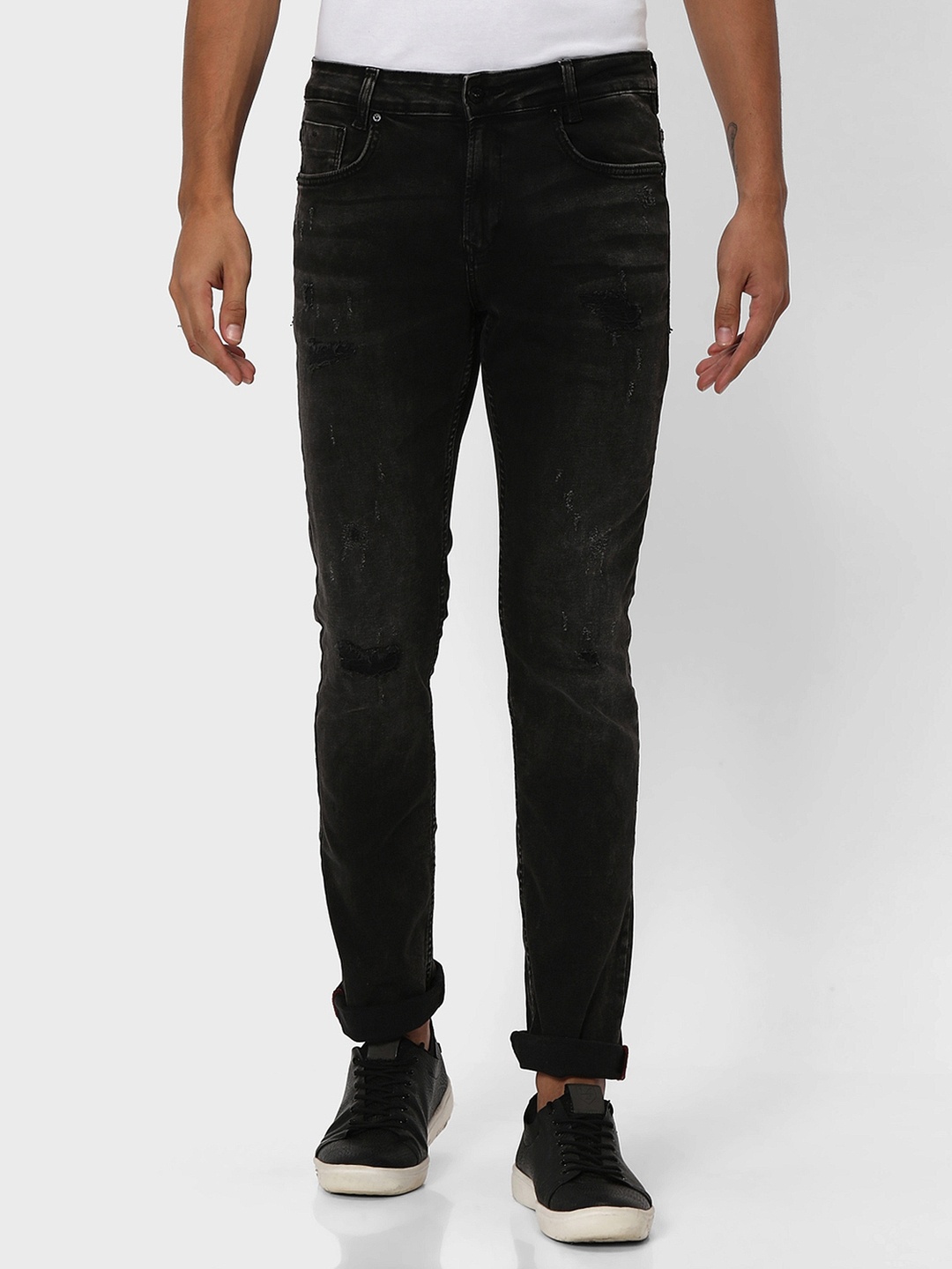 Mufti Men Slim Fit Mildly Distressed Stretchable Jeans, Black