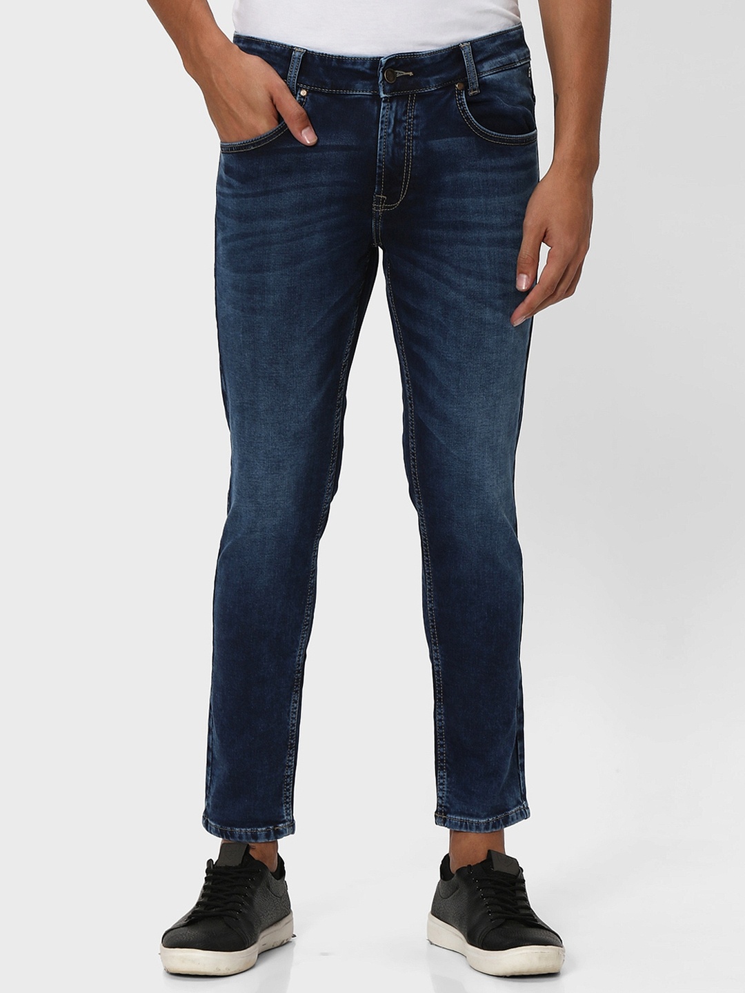Mufti Men Navy Tapered Fit Heavy Fade Clean Look Stretchable Jeans, Navy blue