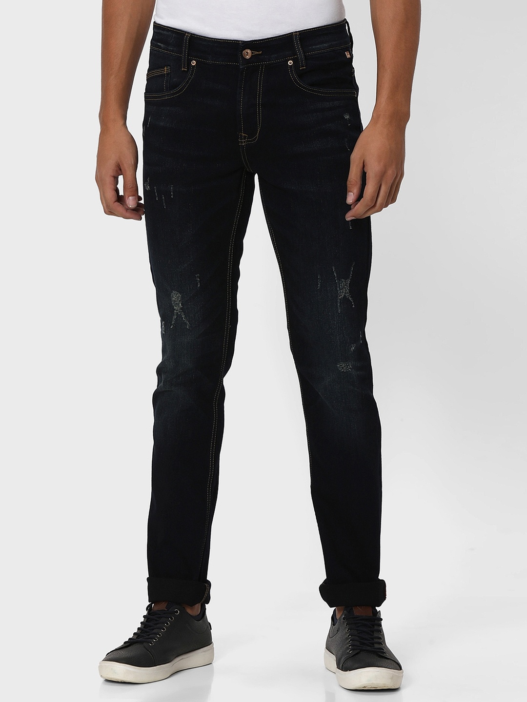 

Mufti Men Slim Fit Low Distress Light Fade Stretchable Jeans, Navy blue