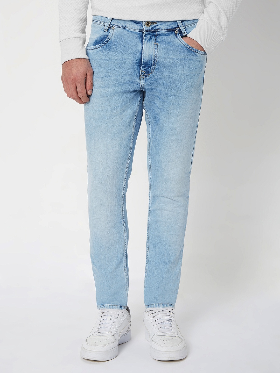 Mufti Men Skinny Fit Low Distress Heavy Fade Stretchable Jeans, Blue