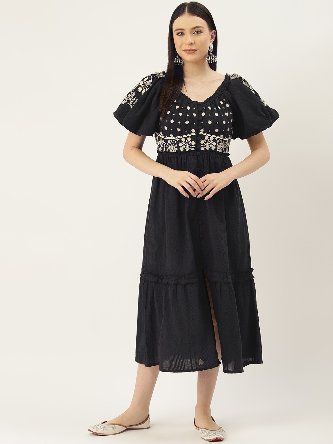 

MISRI Floral Embroidered Puff Sleeve A-Line Midi Dress, Black