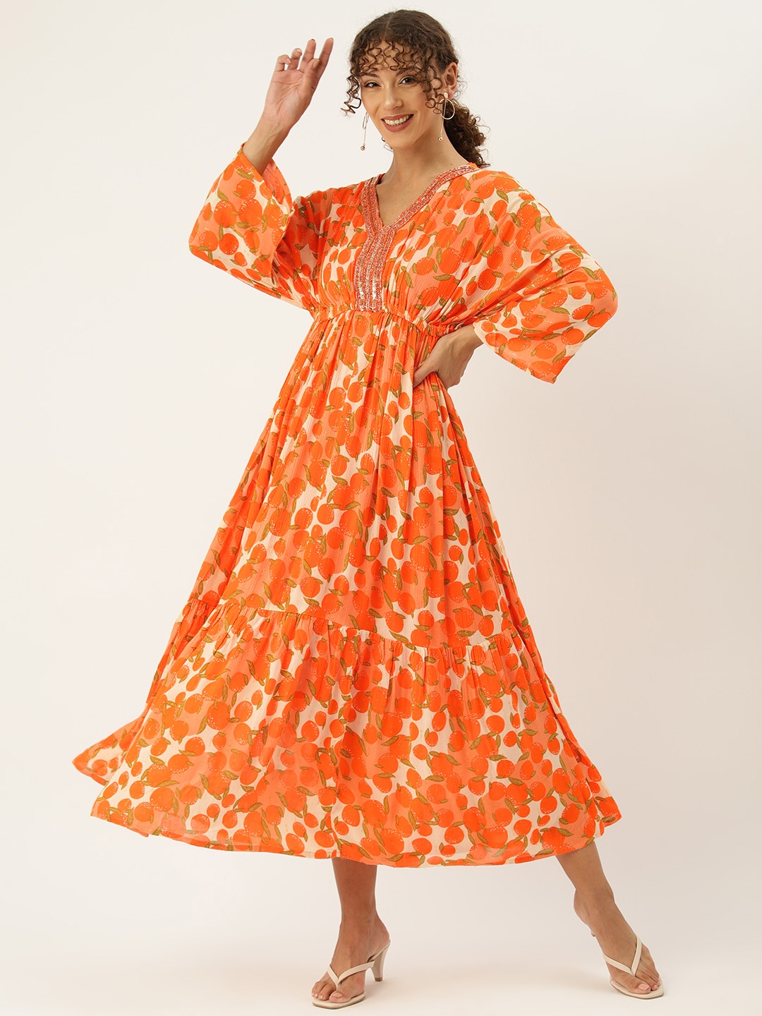 

MISRI Tropical Print Kimono Sleeve A-Line Midi Dress with Inner, Orange