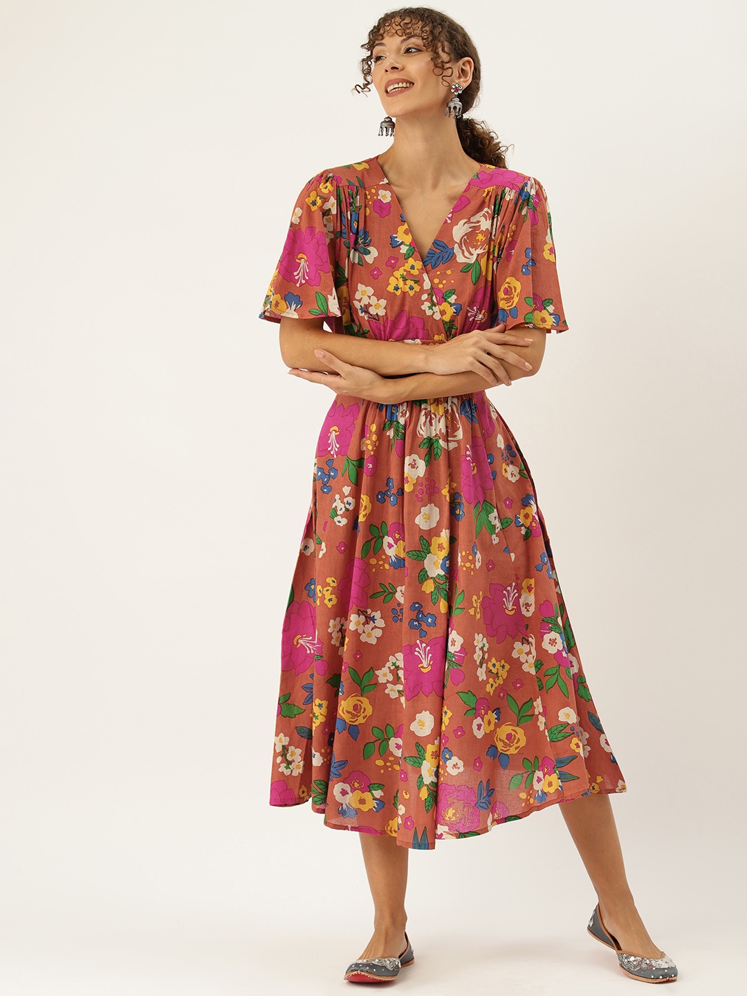

MISRI Floral Print Flared Sleeve Midi Dress, Rust