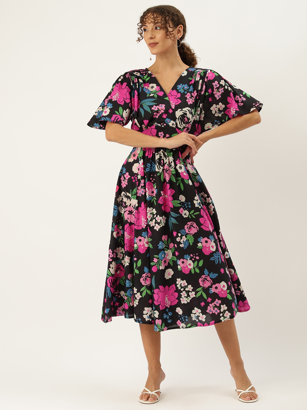 

MISRI Floral Print Flared Sleeve Cotton Midi Dress, Black