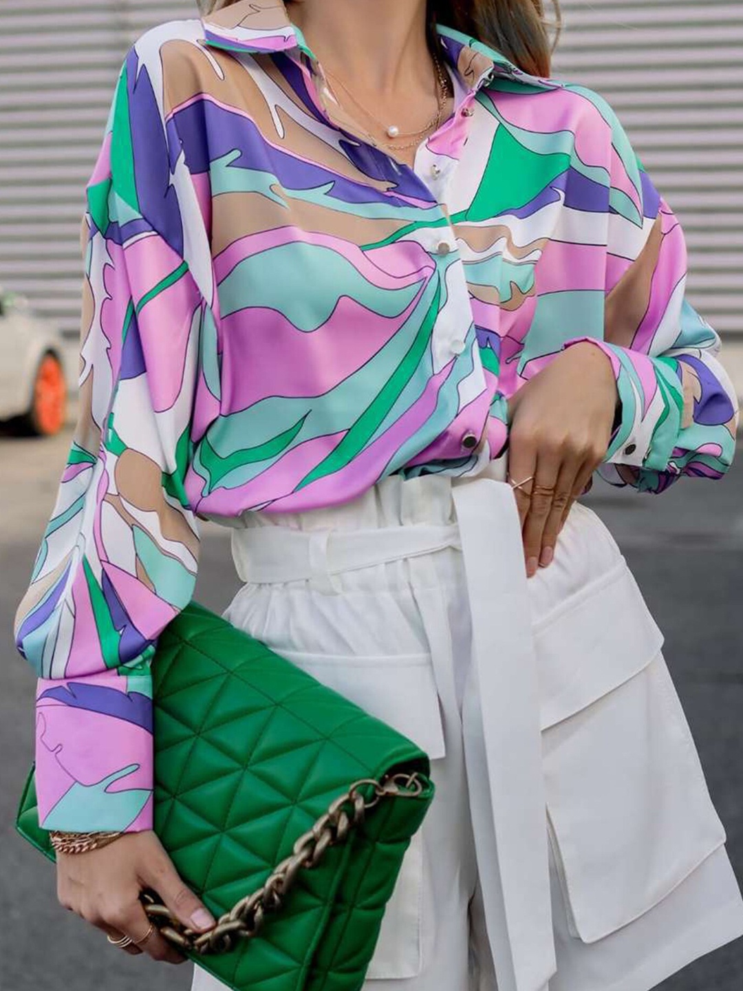 

LULU & SKY Abstract Printed Cuffed Sleeves Shirt Style Top, Green