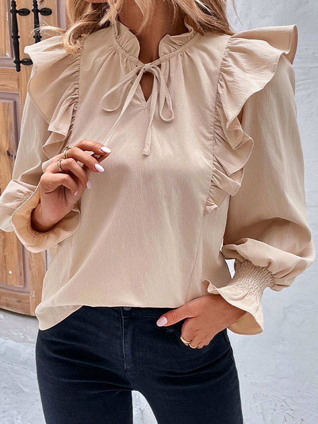 

LULU & SKY Keyhole Neck Cuffed Sleeves Top, Beige