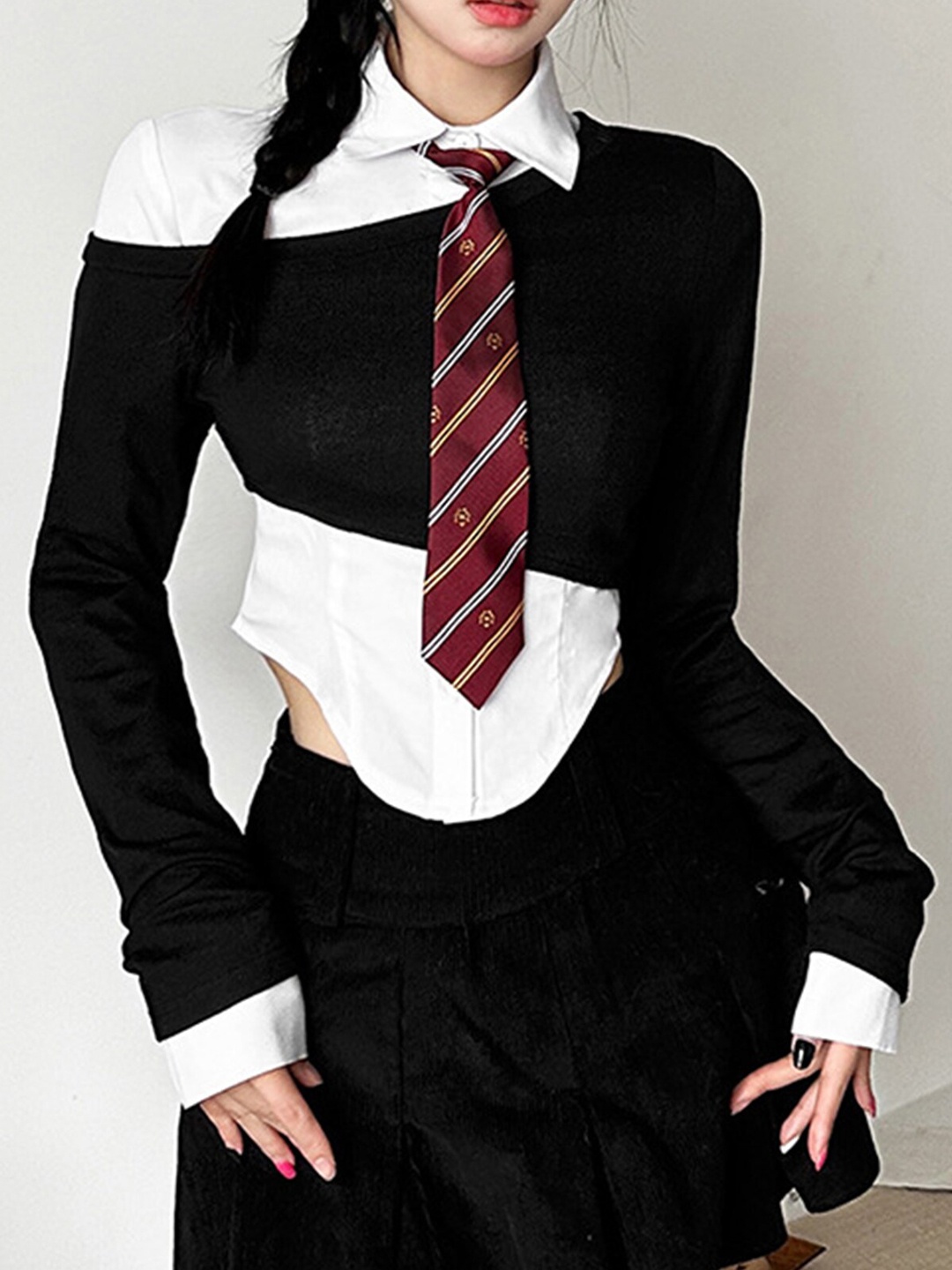 

LULU & SKY Cuffed Sleeves Shirt Style Crop Top, White