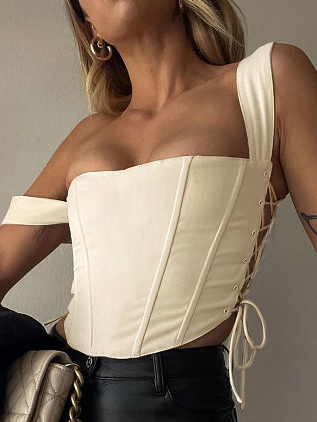 

LULU & SKY Lace-Up Sleeveless Crop Fitted Top, Off white