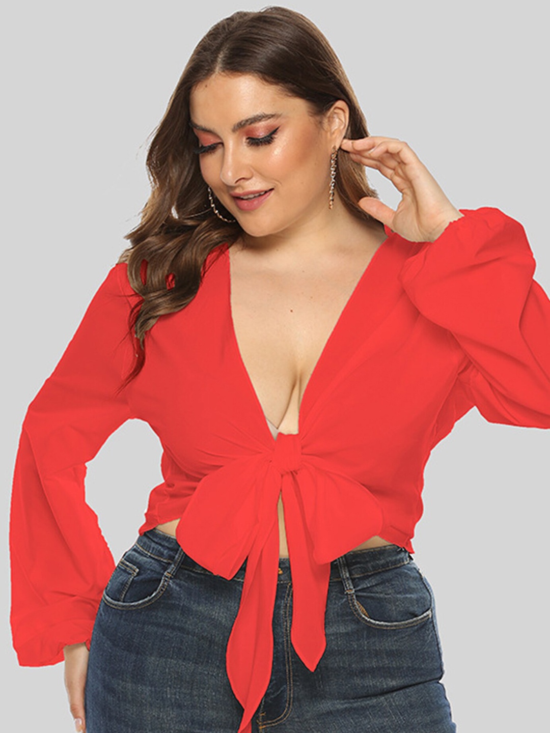 

LULU & SKY Plus Size V-Neck Crop Puff Sleeves Tie-Ups Top, Red