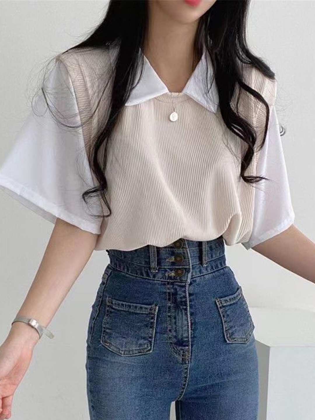 

LULU & SKY Shirt Collar Self Design Top, Off white