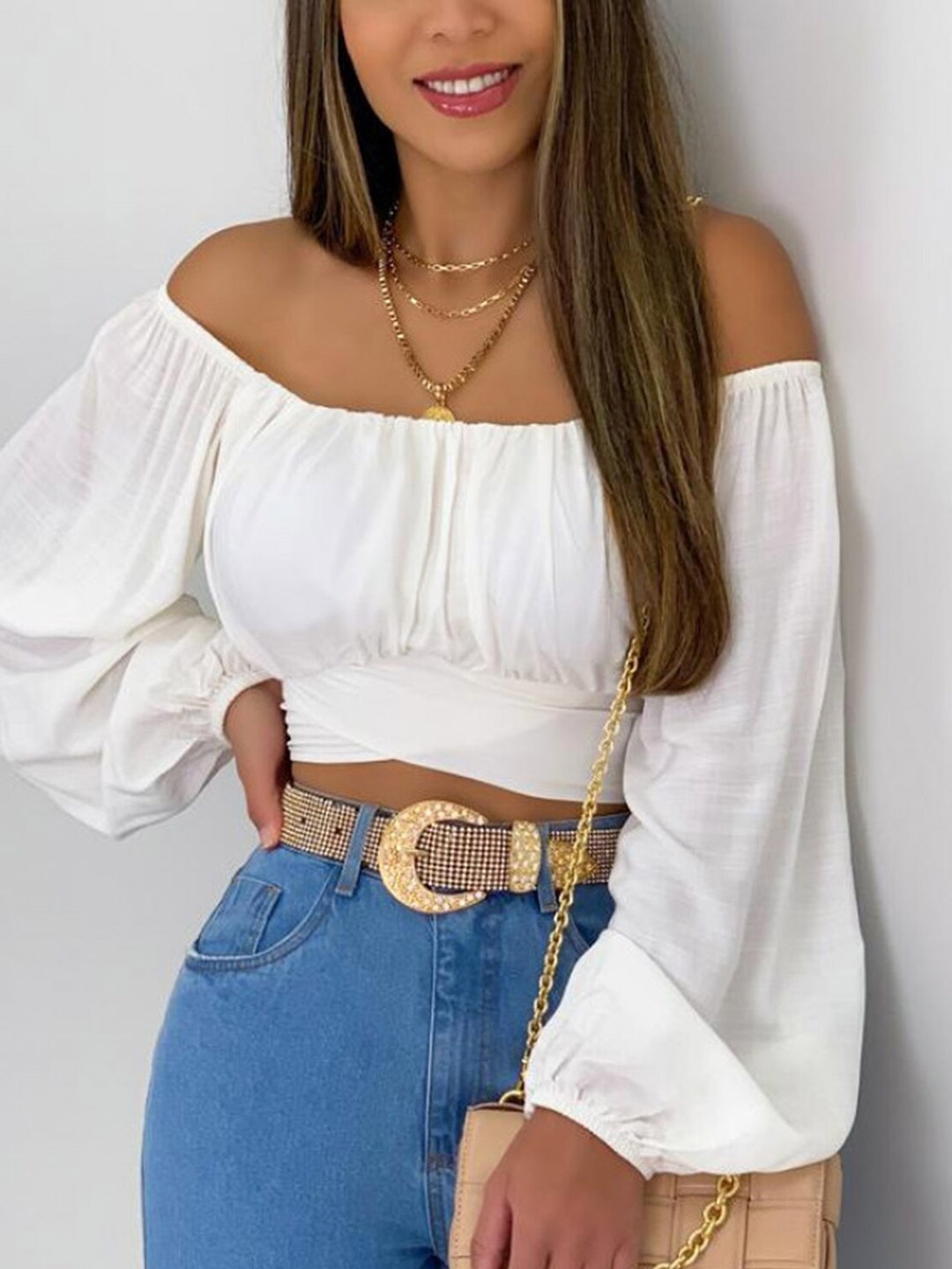 

LULU & SKY Off-Shoulder Puff Sleeve Waist Tie-Ups Bardot Crop Top, White