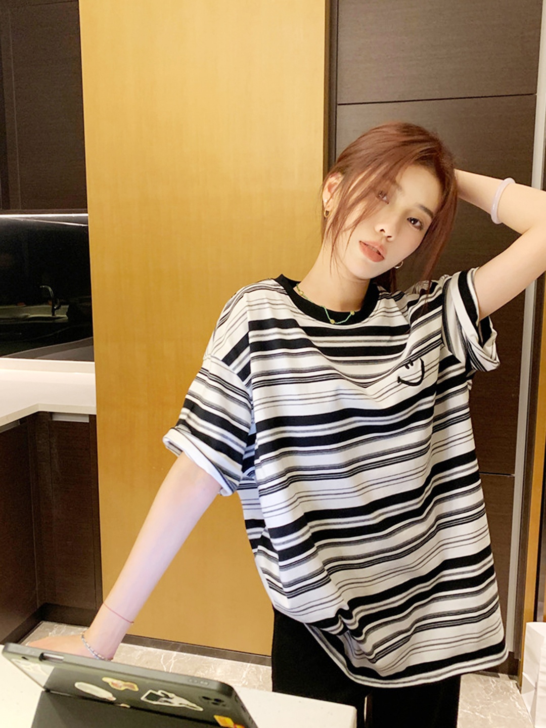 

LULU & SKY Striped Round Drop-Shoulder Sleeves Oversized T-shirt, Black