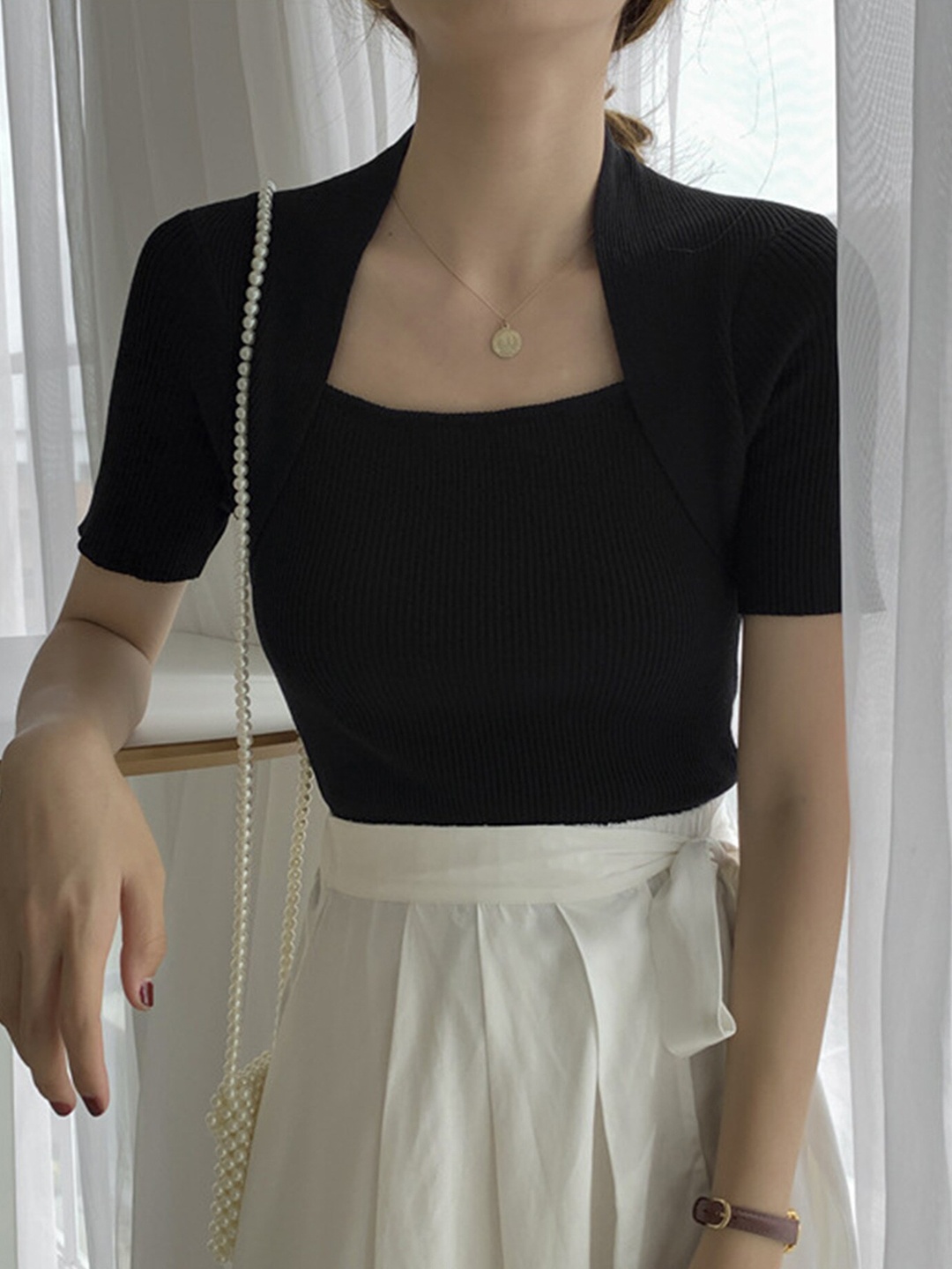 

LULU & SKY Ribbed Square Neck Fitted Top, Black