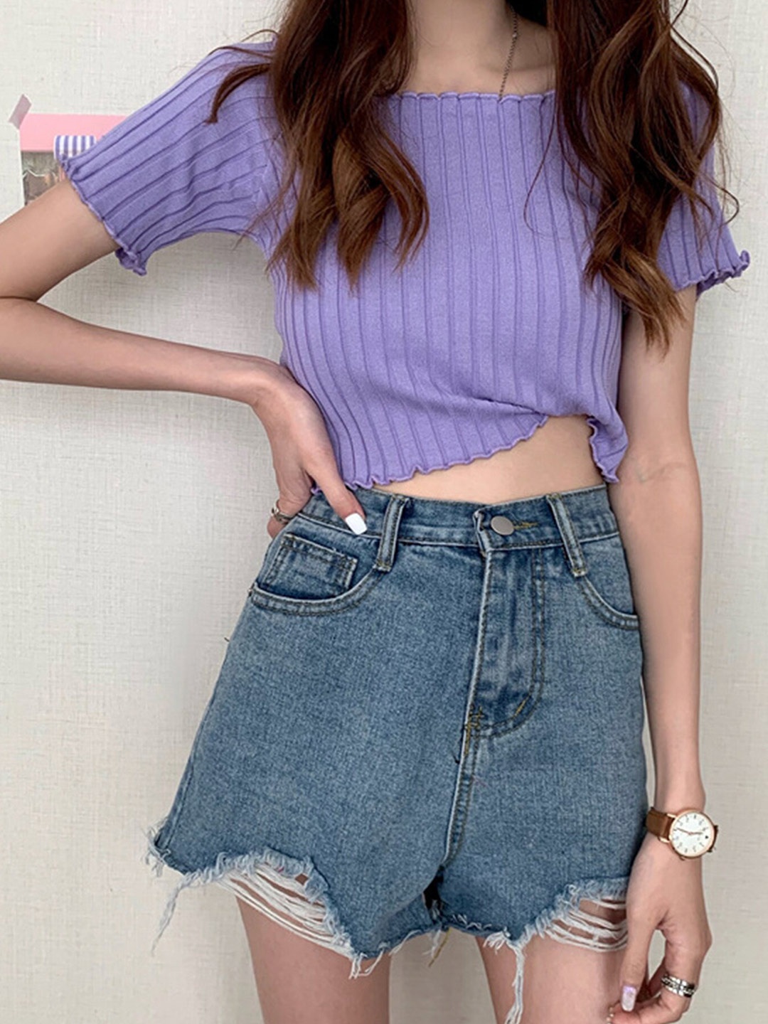 

LULU & SKY Ribbed Square Neck Crop Top, Purple