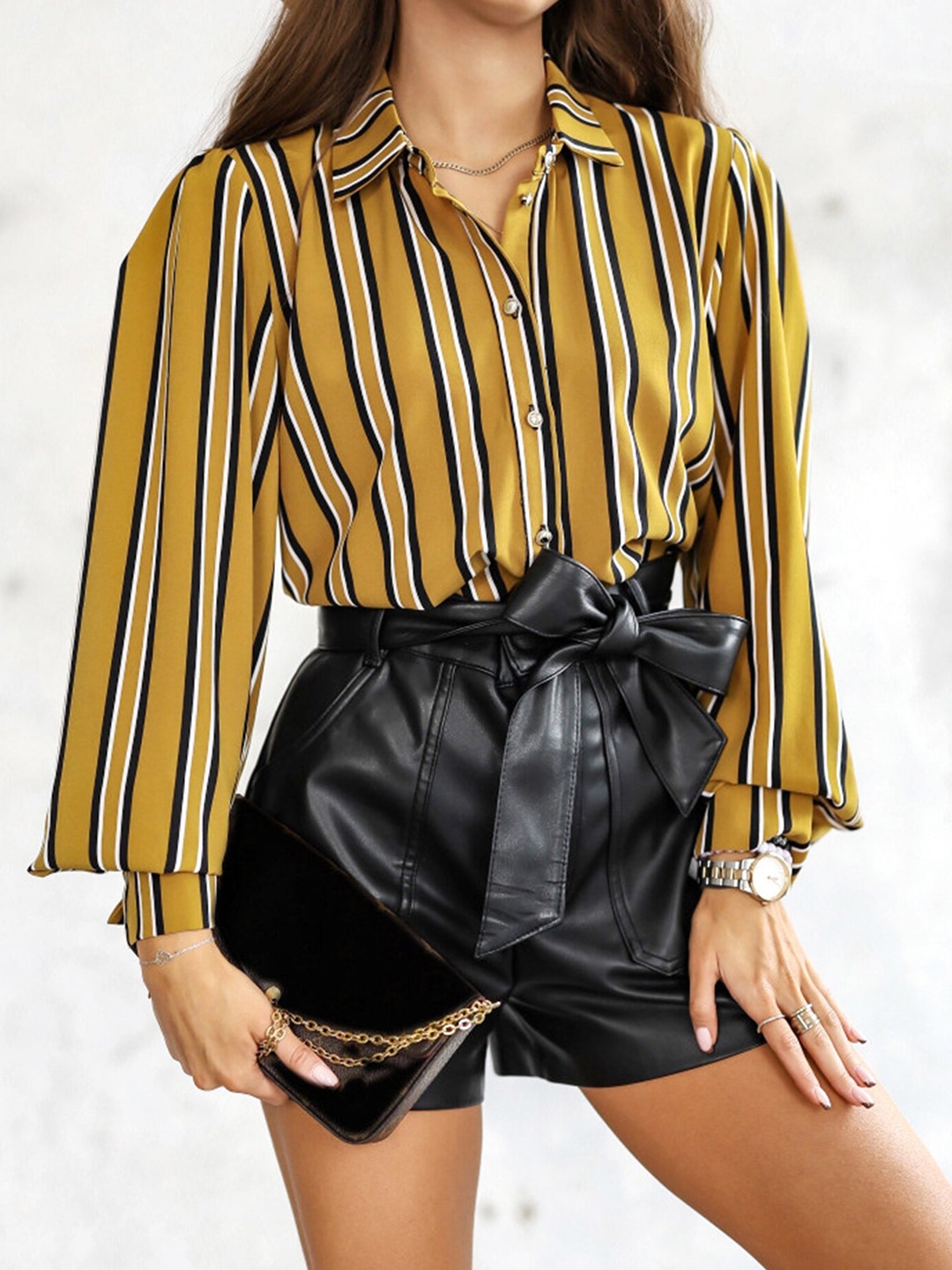 

LULU & SKY Striped Spread Collar Shirt Style Top, Mustard