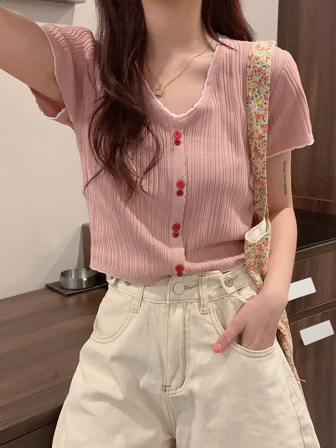 

LULU & SKY V-Neck Shirt Style Crop Top, Pink
