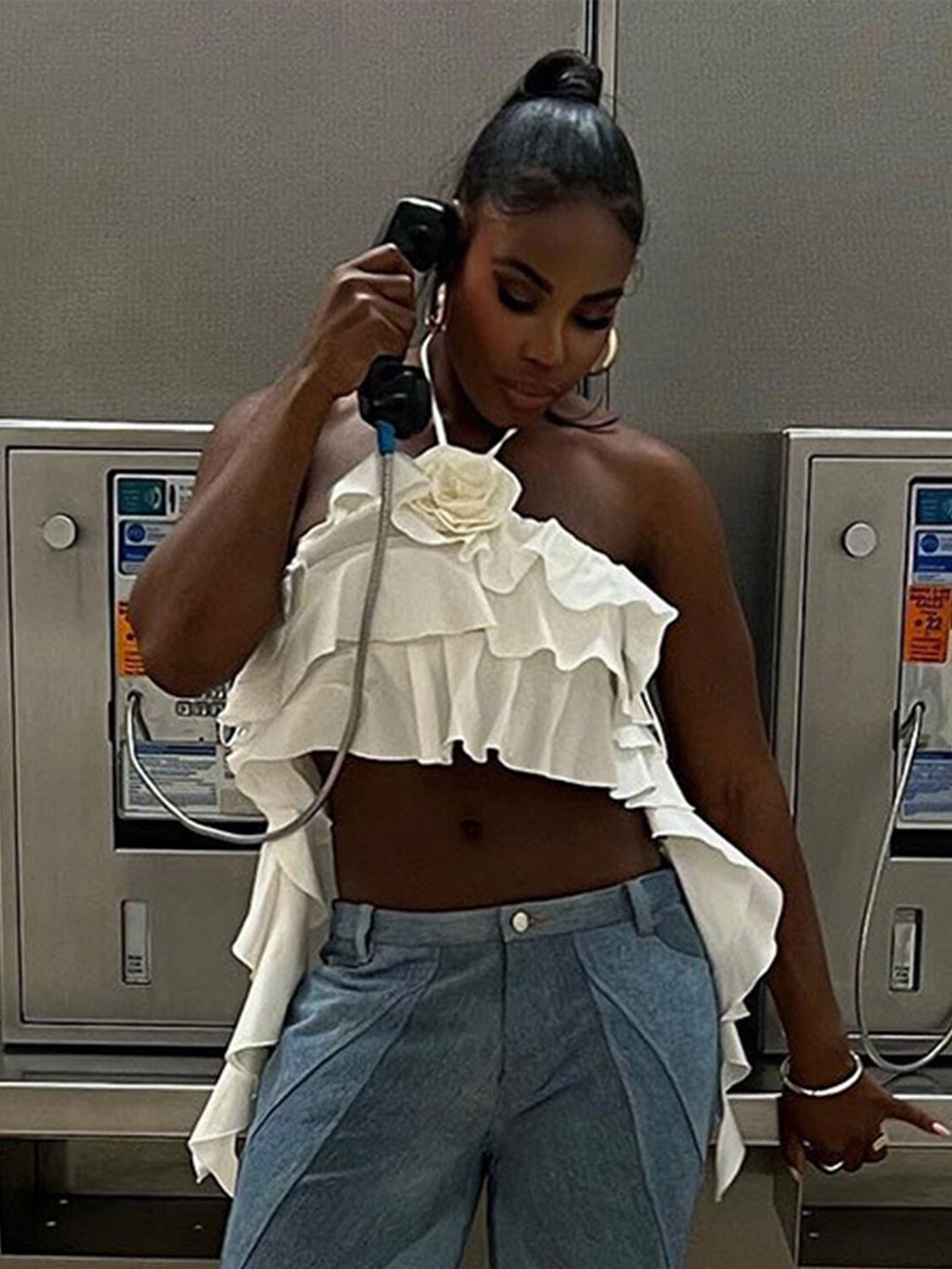 

LULU & SKY Halter Neck High Low Ruffled Crop Top, White