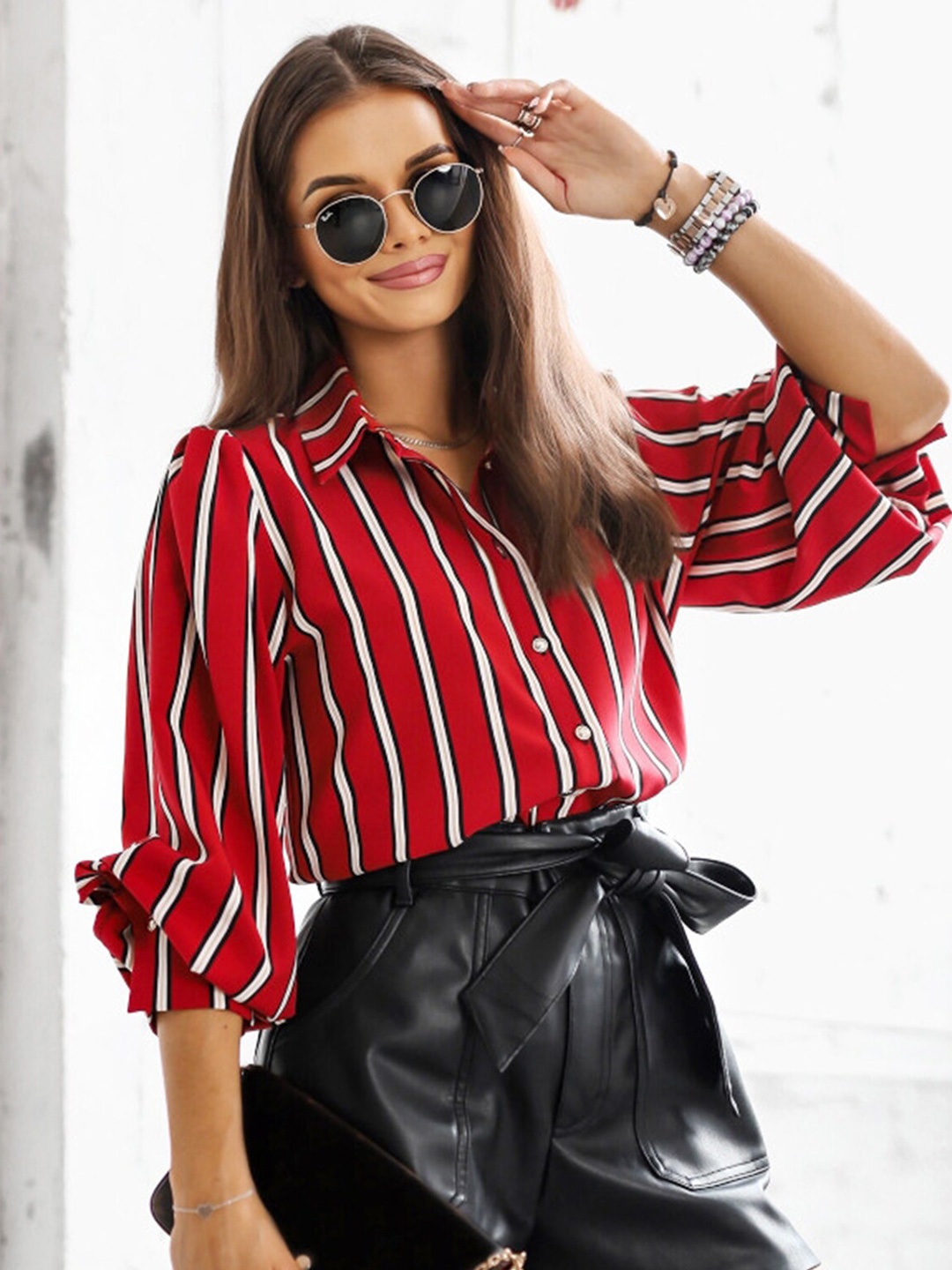 

LULU & SKY Striped Puff Sleeves Shirt, Red