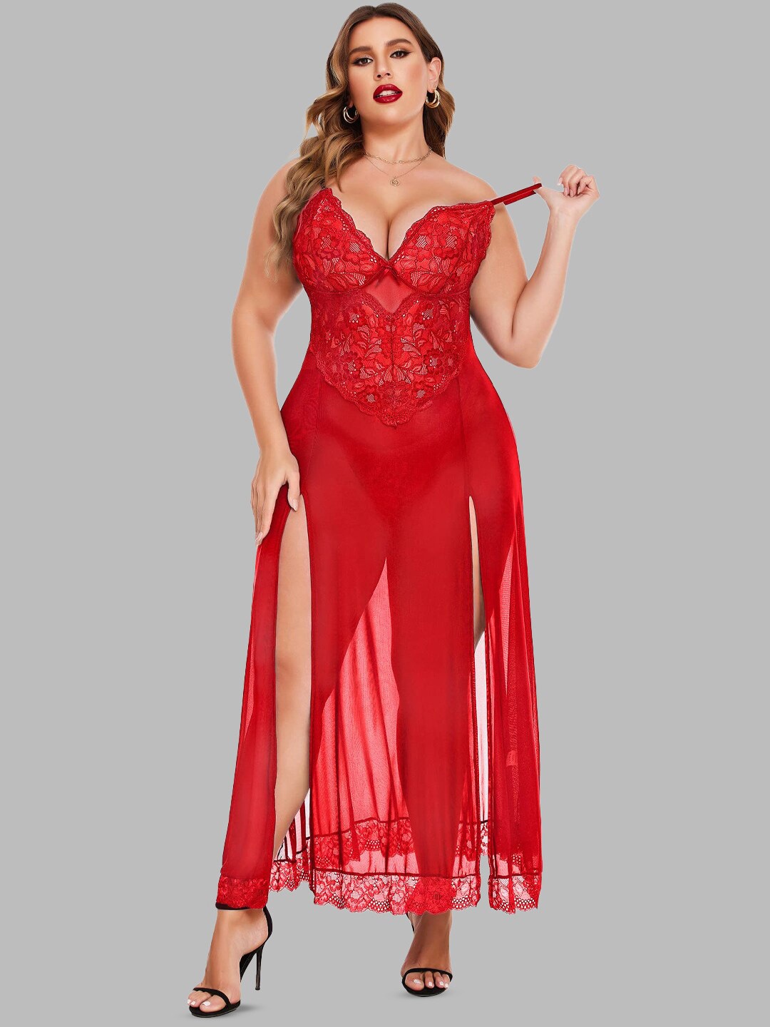 

VAGHBHATT Shoulder Straps Net Baby Doll, Red