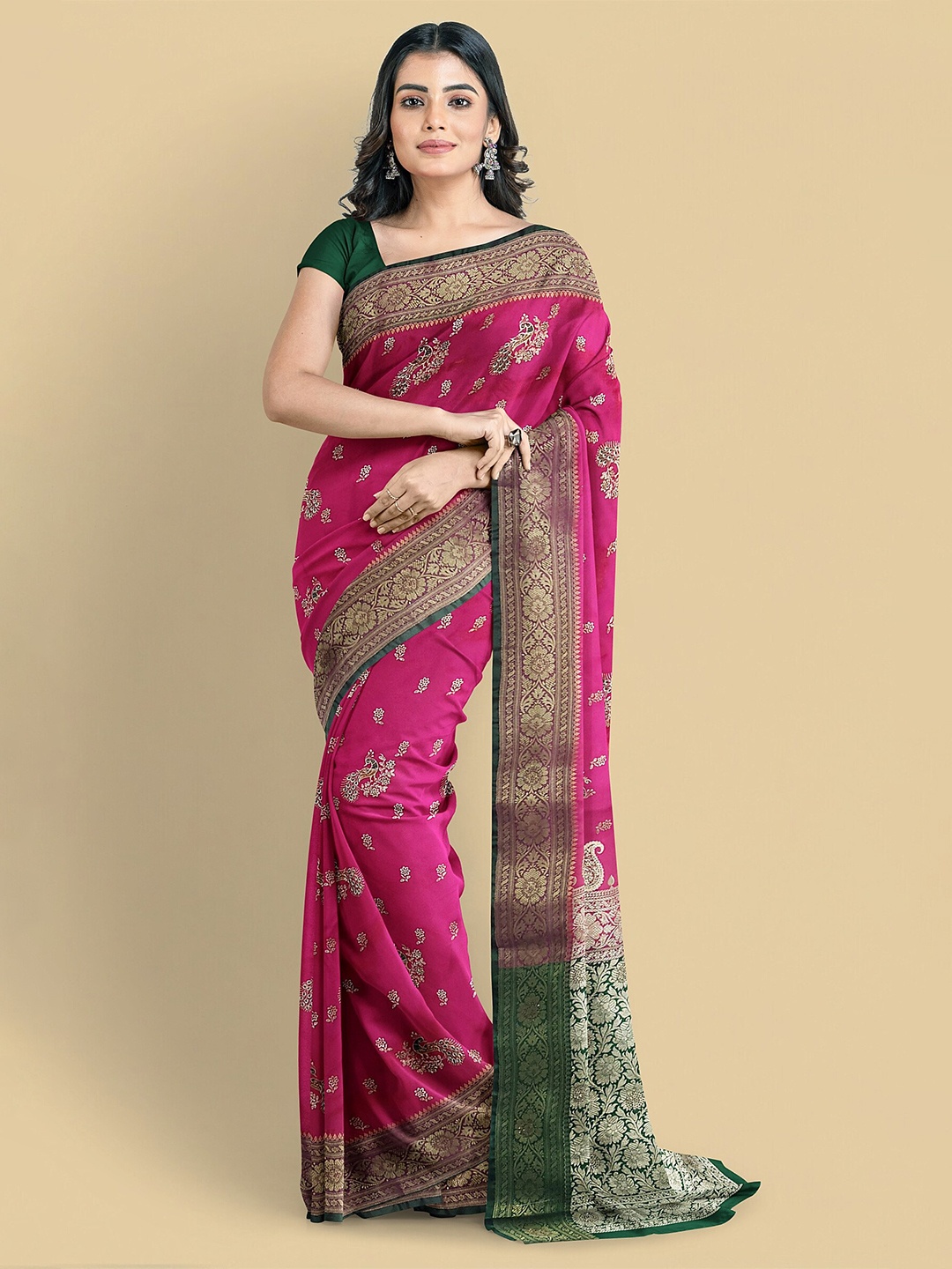 

Shravanya Ethnic Motifs Embroidered Zari Satin Banarasi Saree, Pink