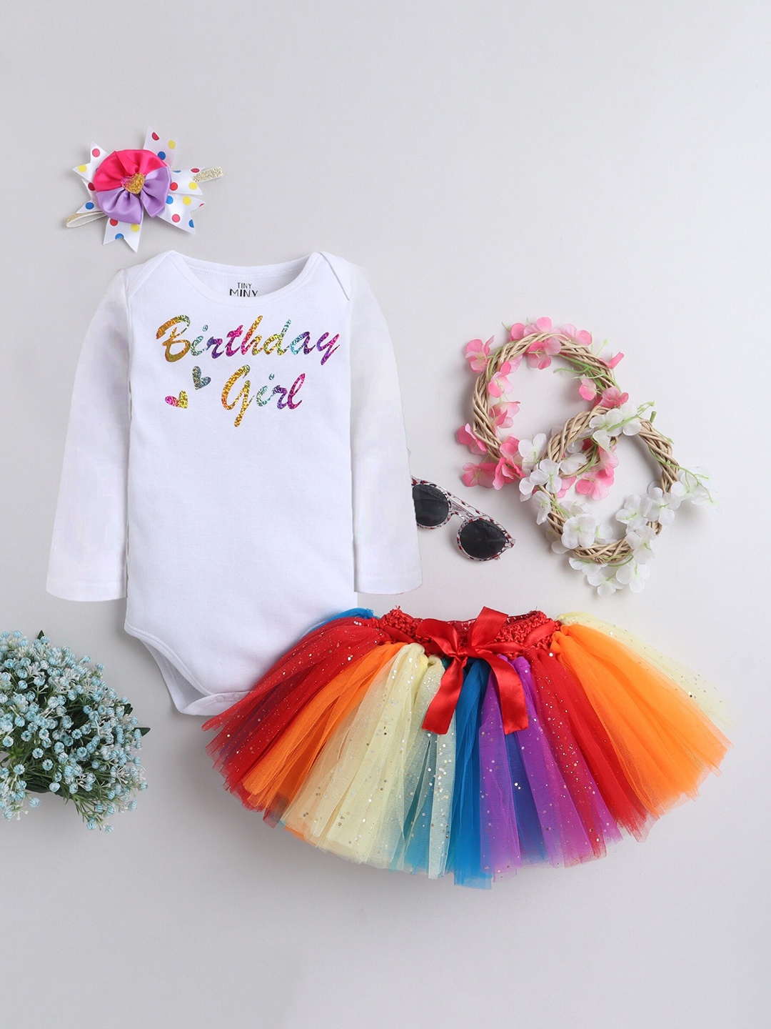 

TINY MINY ME Infants Girls Embellished T-shirt With Skirt With Headband, White