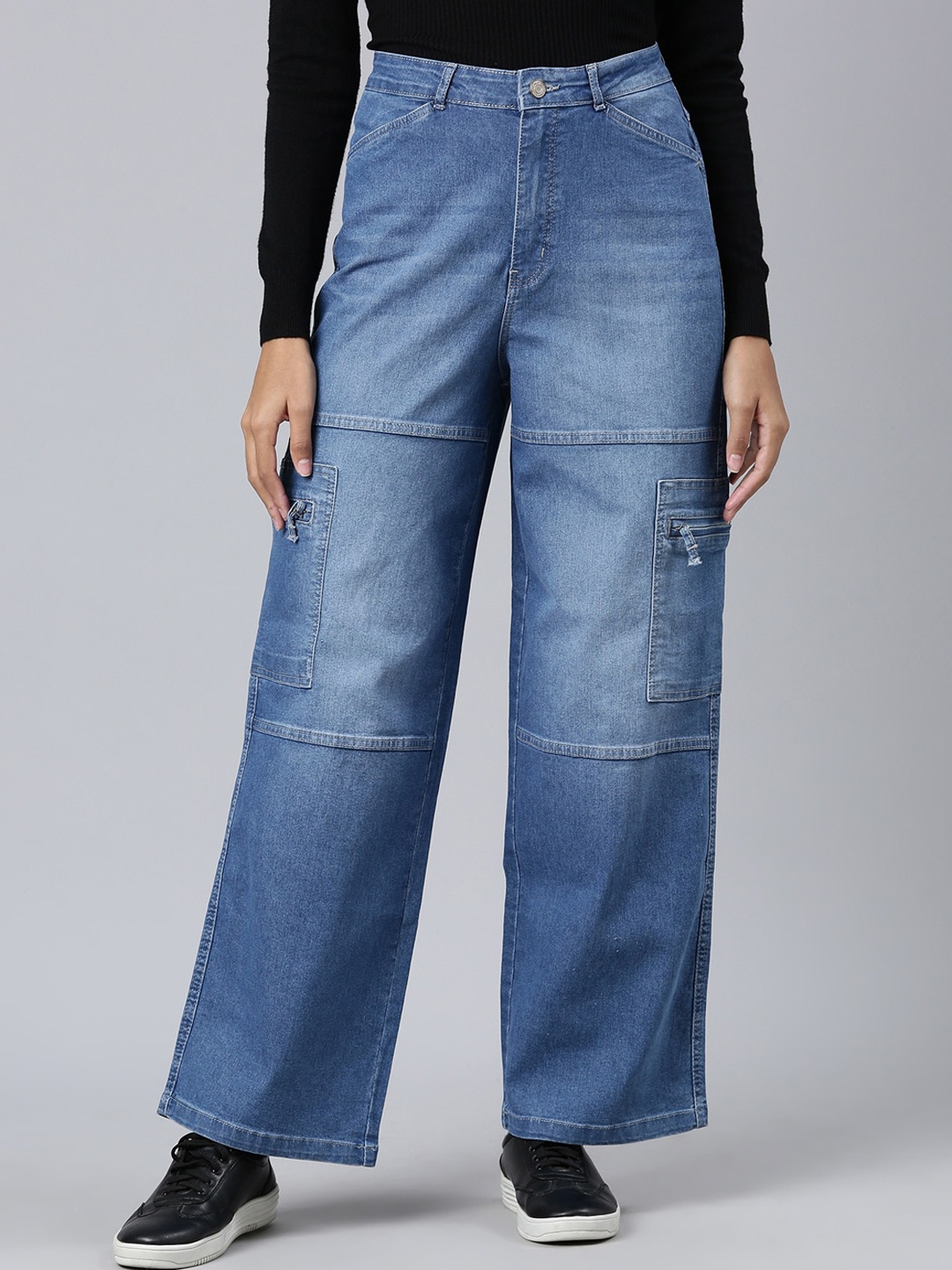 

SHOWOFF Women Wide Leg Light Fade Stretchable Cargo Jeans, Blue