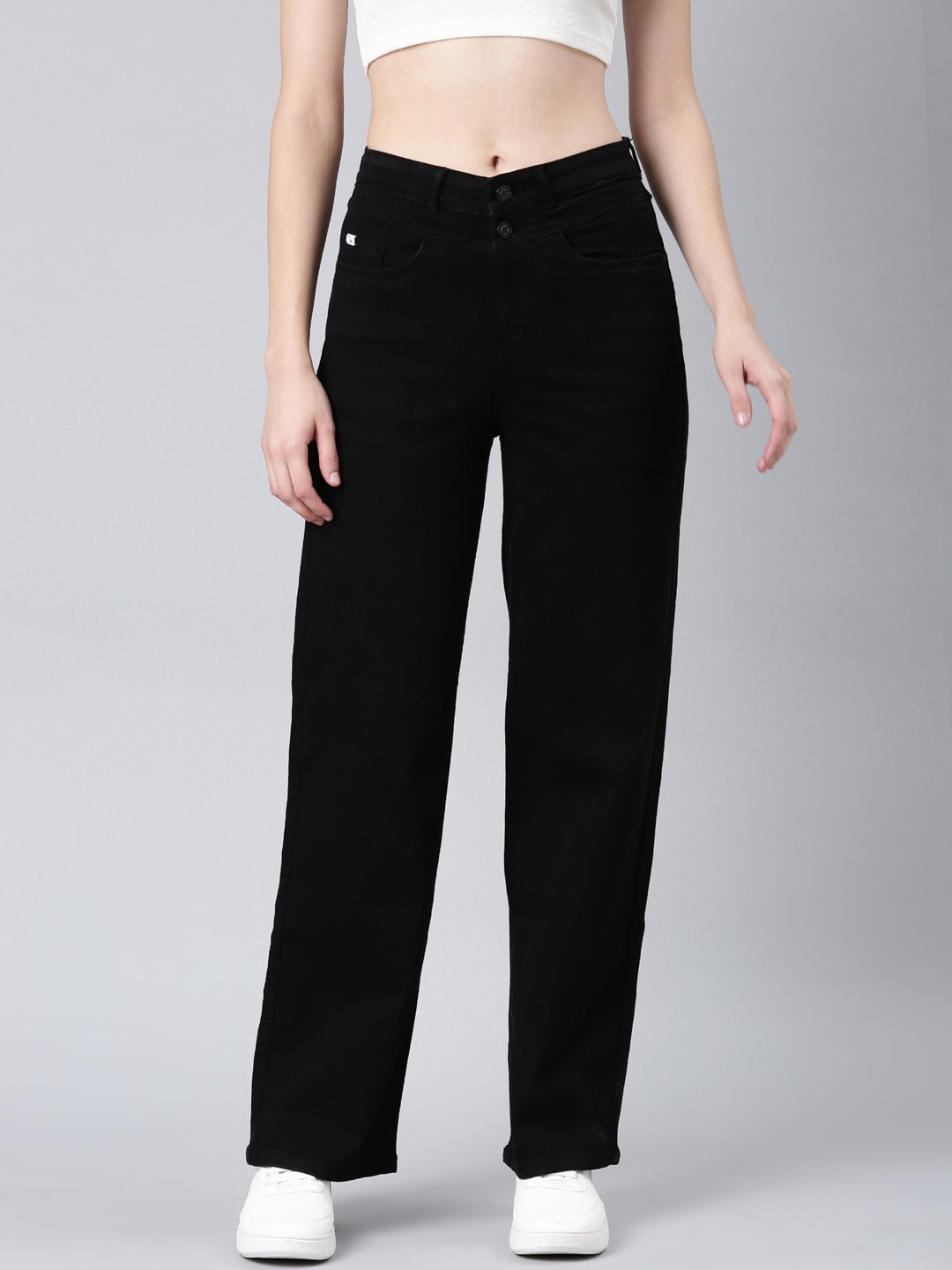 

SHOWOFF Women Wide Leg Mid-Rise Clean Look Stretchable Jeans, Black