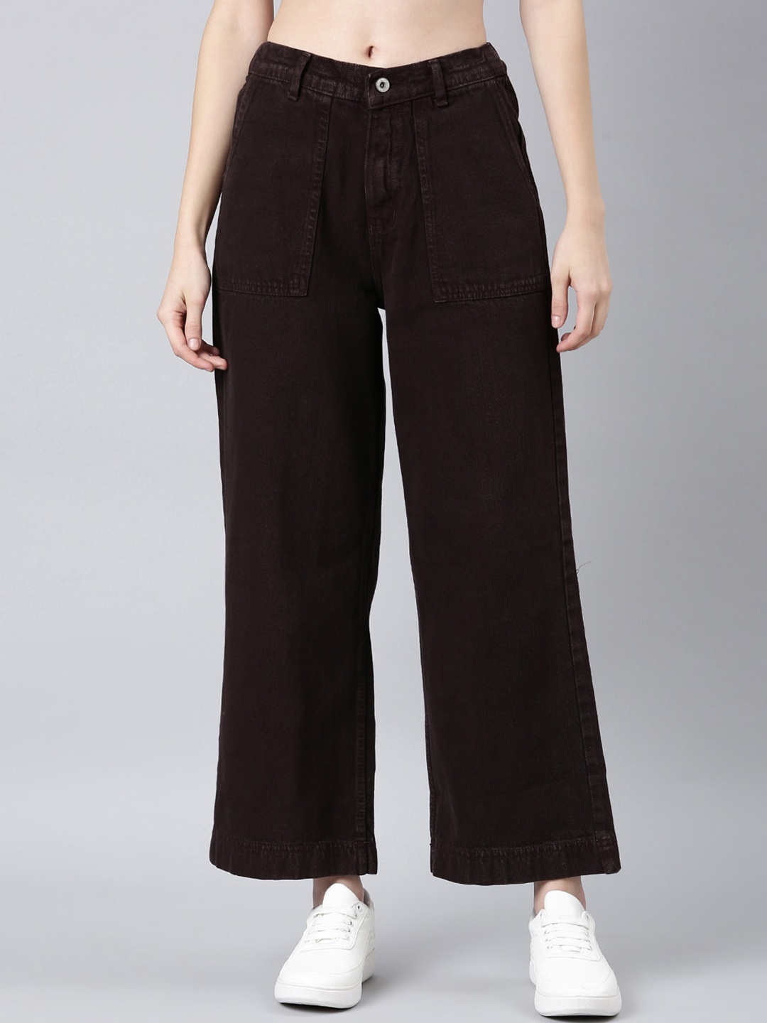 

SHOWOFF Women Wide Leg Mid-Rise Clean Look Acid Wash Jeans, Coffee brown