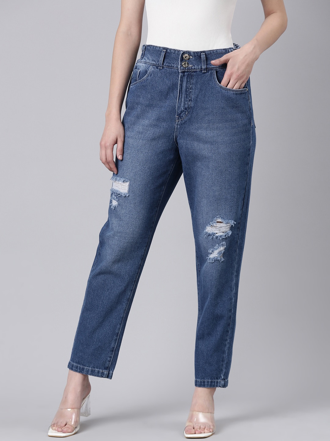 

SHOWOFF Women Boyfriend Fit Mildly Distressed Light Fade Jeans, Navy blue