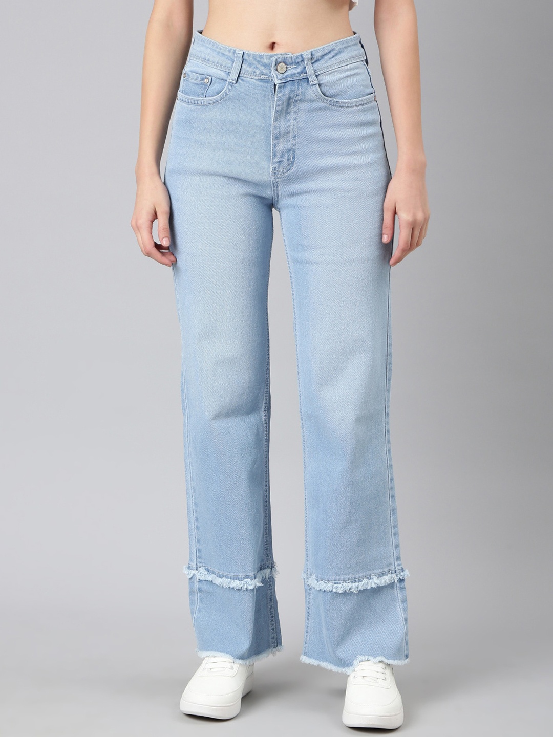 

SHOWOFF Women Straight Fit Light Fade Clean Look Stretchable Frayed Jeans, Blue