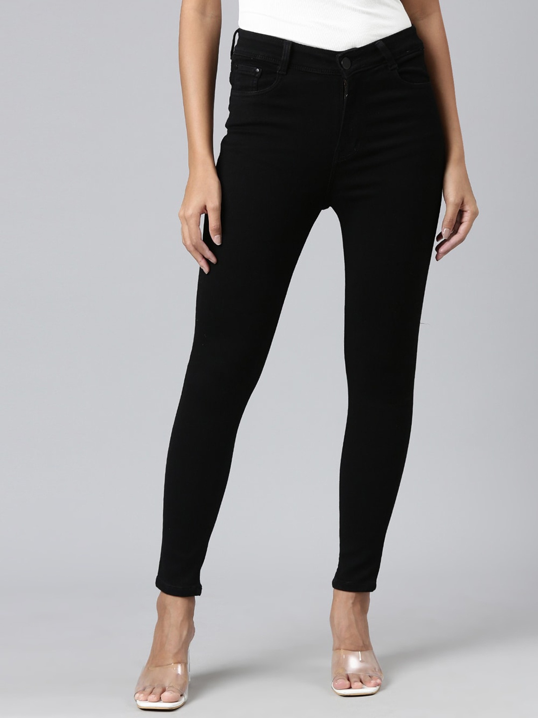 

SHOWOFF Women Mid Rise Clean Look Skinny Fit Stretchable Jeans, Black