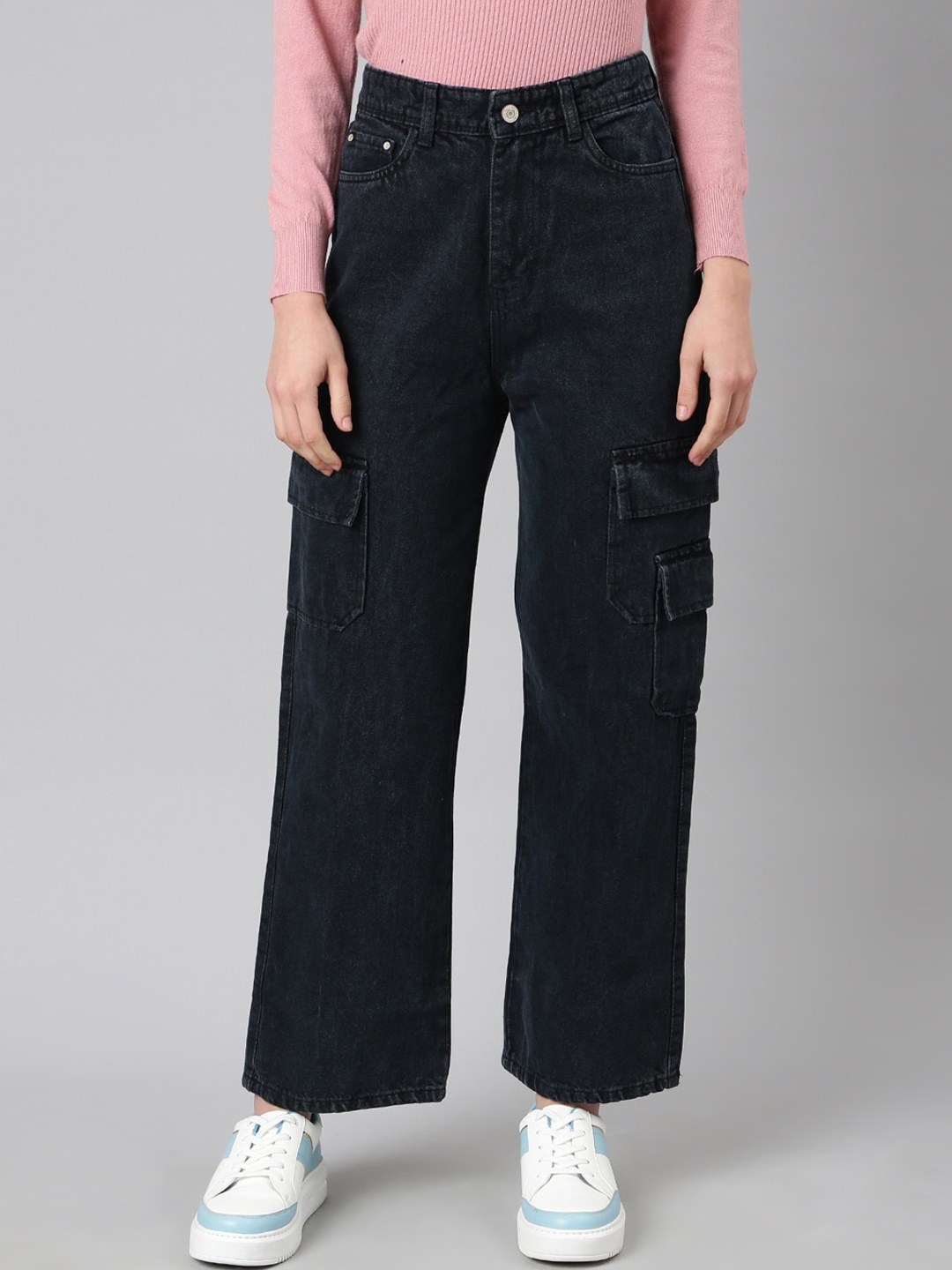 

SHOWOFF Women Wide Leg Clean Look Acid Wash Jeans, Navy blue