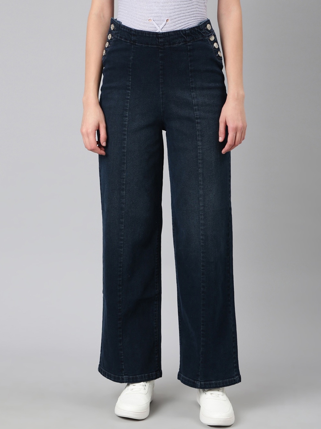 

SHOWOFF Women Wide Leg Clean Look Acid Wash Stretchable Jeans, Navy blue