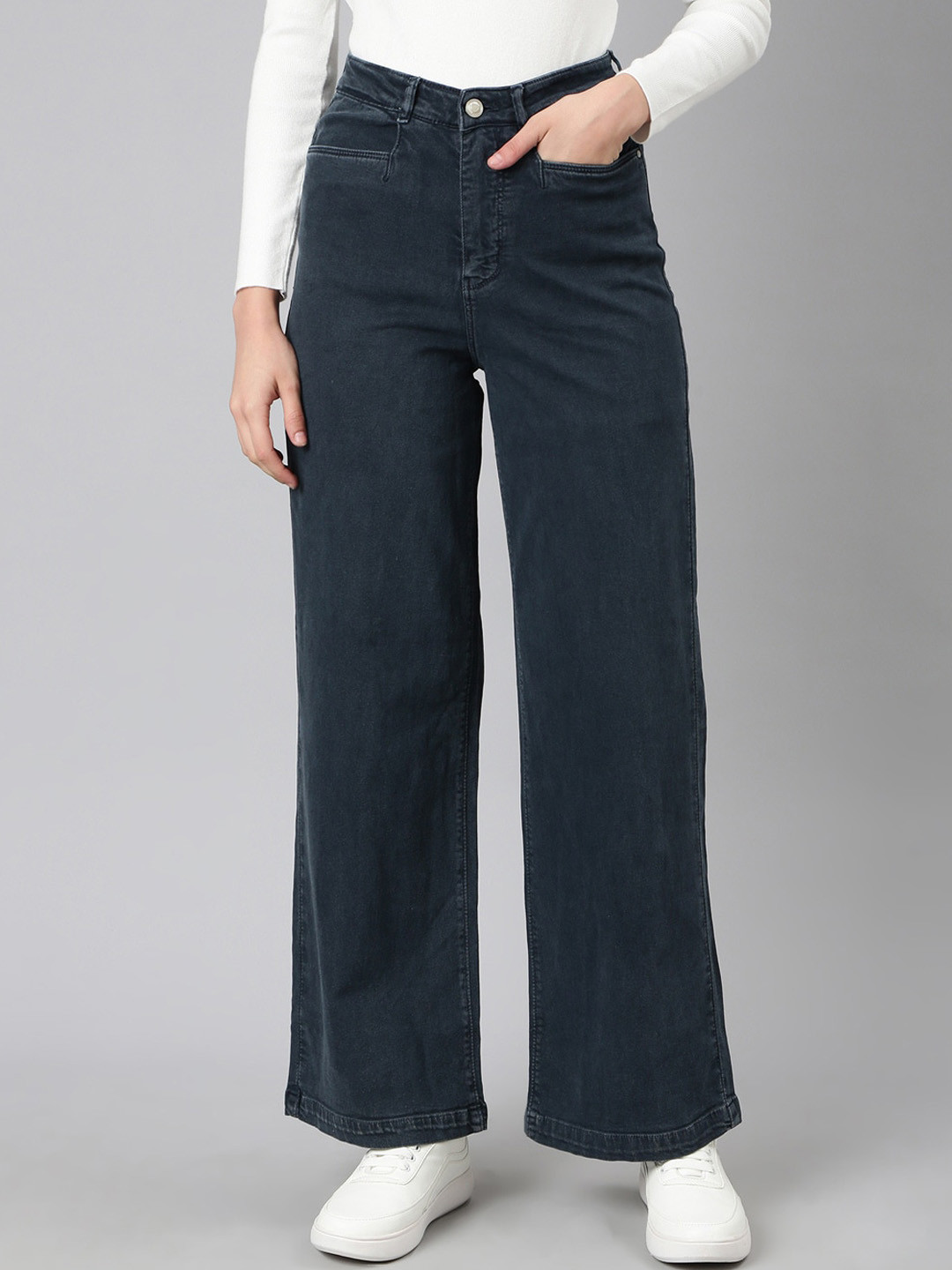 

SHOWOFF Women Wide Leg Acid Wash Stretchable Clean Look Jeans, Navy blue