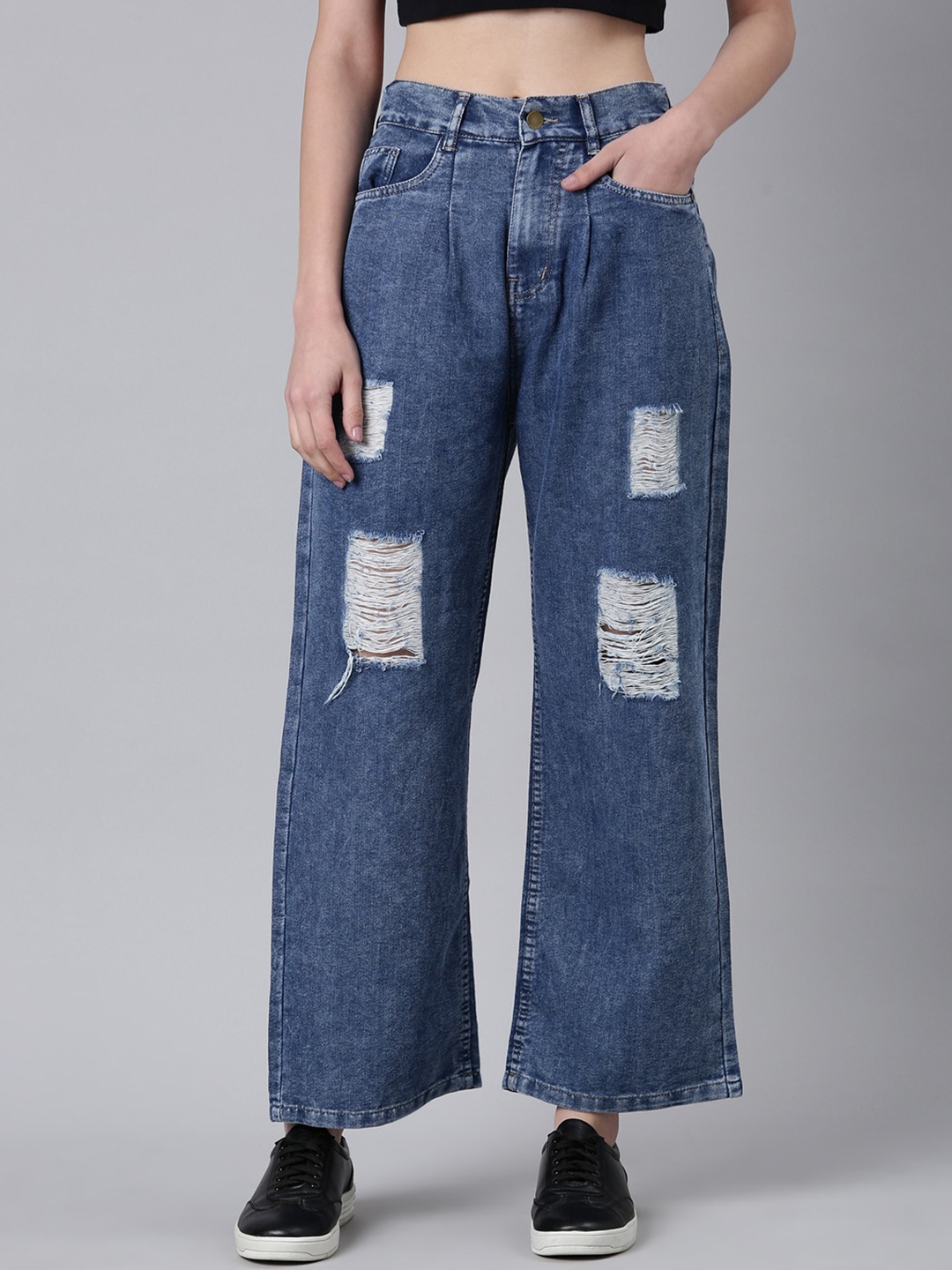 

SHOWOFF Women Wide Leg Mildly Distressed Acid Wash Jeans, Blue