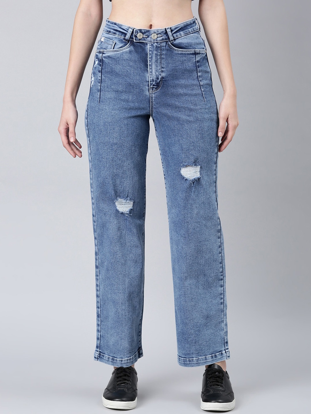 

SHOWOFF Women Wide Leg Low Distressed Heavy Fade Acid Wash Stretchable Jeans, Blue
