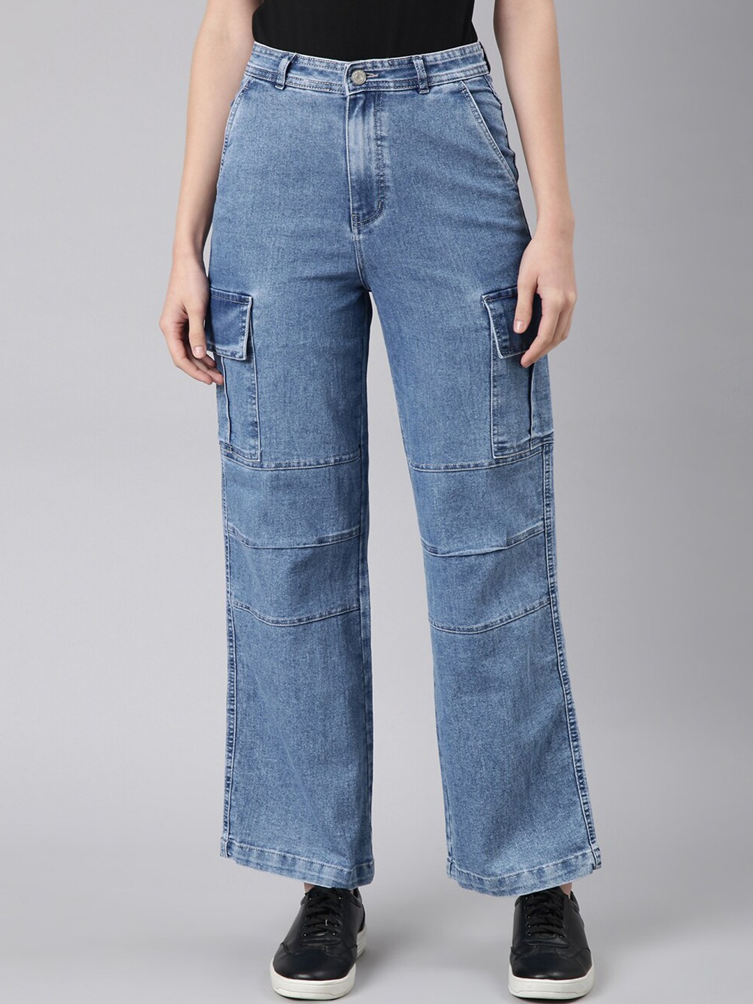 

SHOWOFF Women Wide Leg Acid Wash Clean Look Light Fade Stretchable Cargo Jeans, Blue