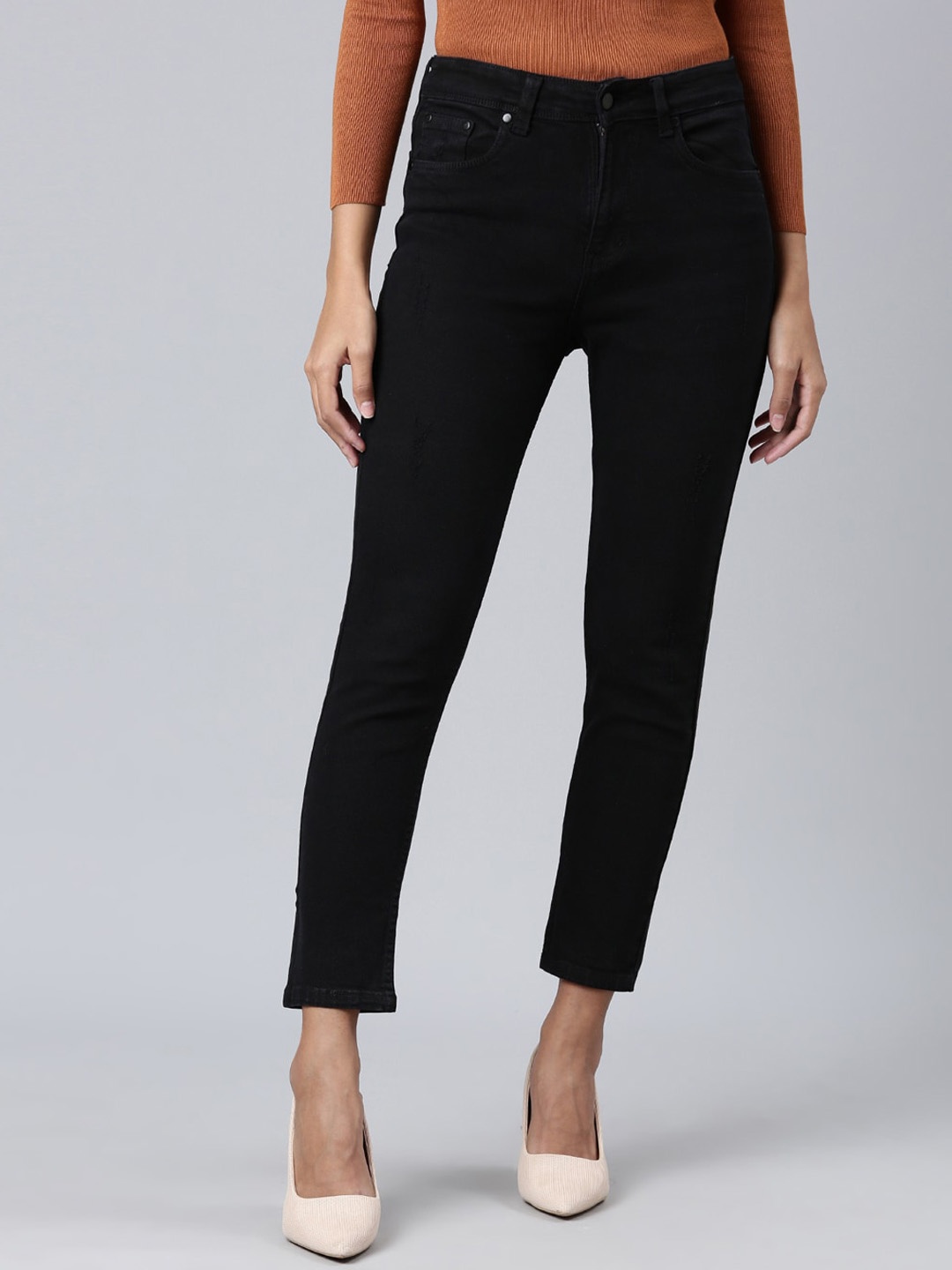 

SHOWOFF Women Mid Rise Clean Look Boyfriend Fit Cropped Jeans, Black