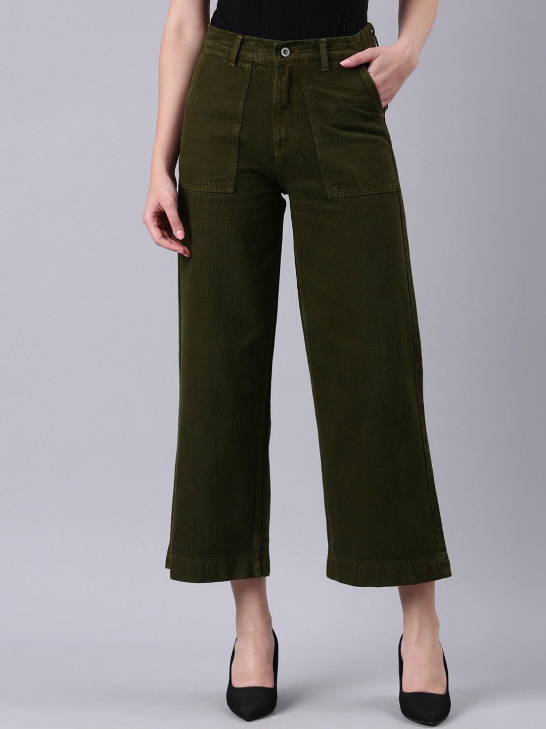 

SHOWOFF Women Wide Leg Acid Wash Jeans, Olive