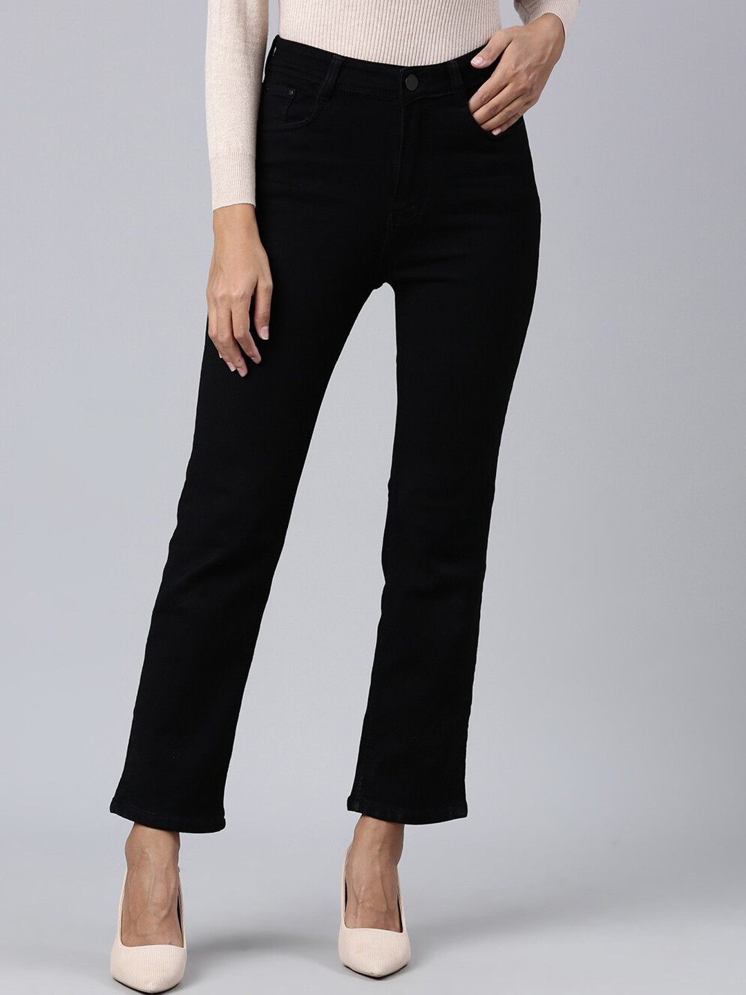 

SHOWOFF Women Straight Fit Clean Look Acid Wash Stretchable Jeans, Black