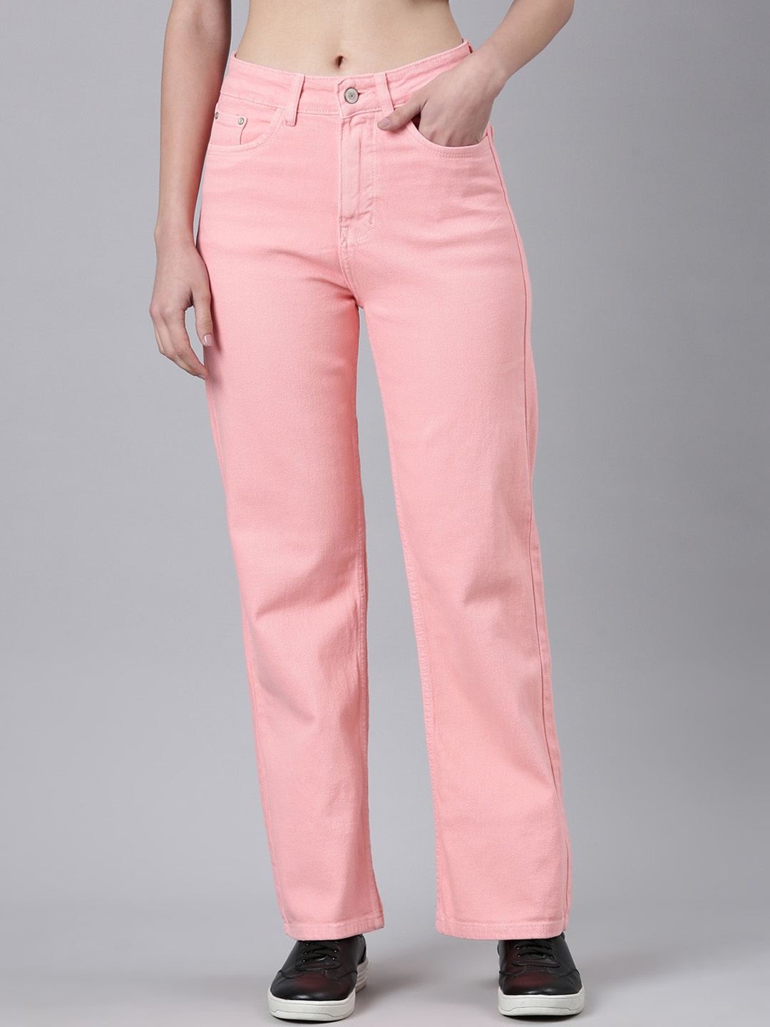 

SHOWOFF Women Mid Rise Clean Look Straight Fit Stretchable Jeans, Peach