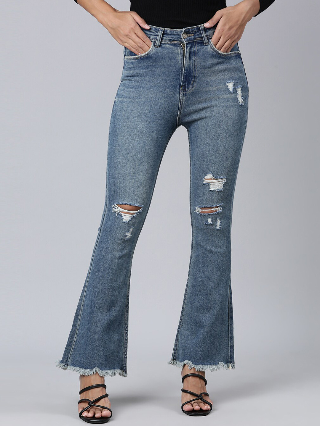 

SHOWOFF Women Mid Rise Mildly Distressed Whiskers Light Fade Stretchable Bootcut Jeans, Blue