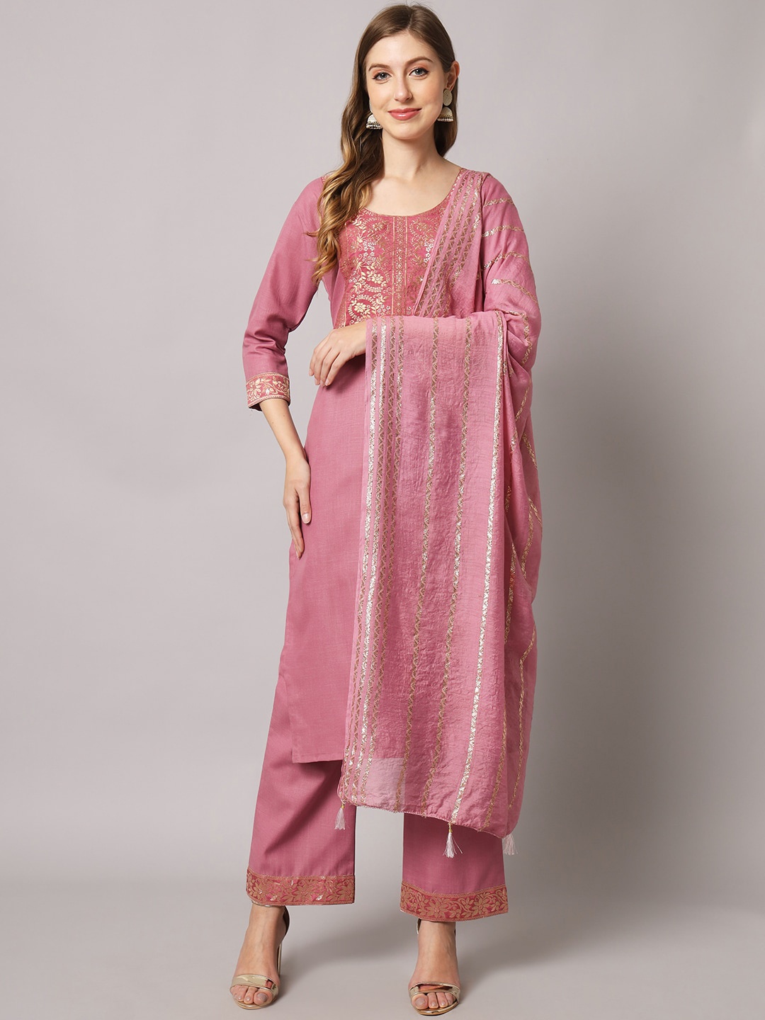 

Sun Fashion And Lifestyle Regular Thread Work Kurta with Trouser & With Dupatta, Pink